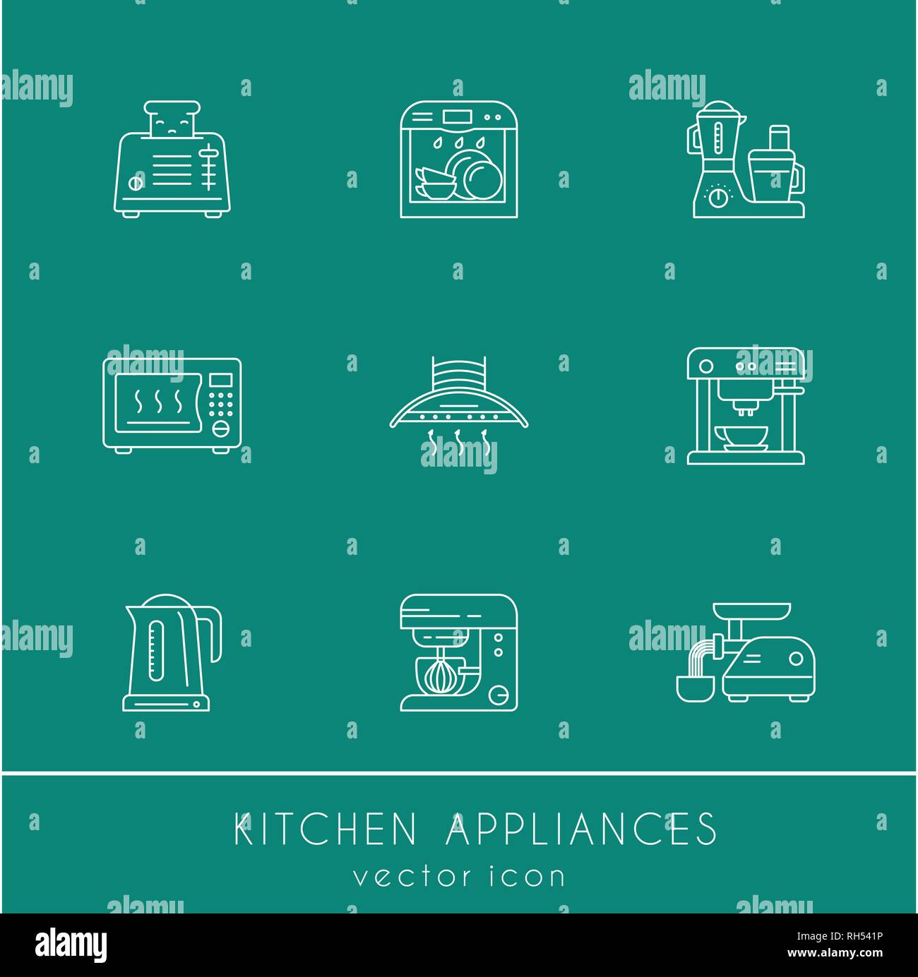 Kitchen utensils and household appliances linear icons Stock Vector ...