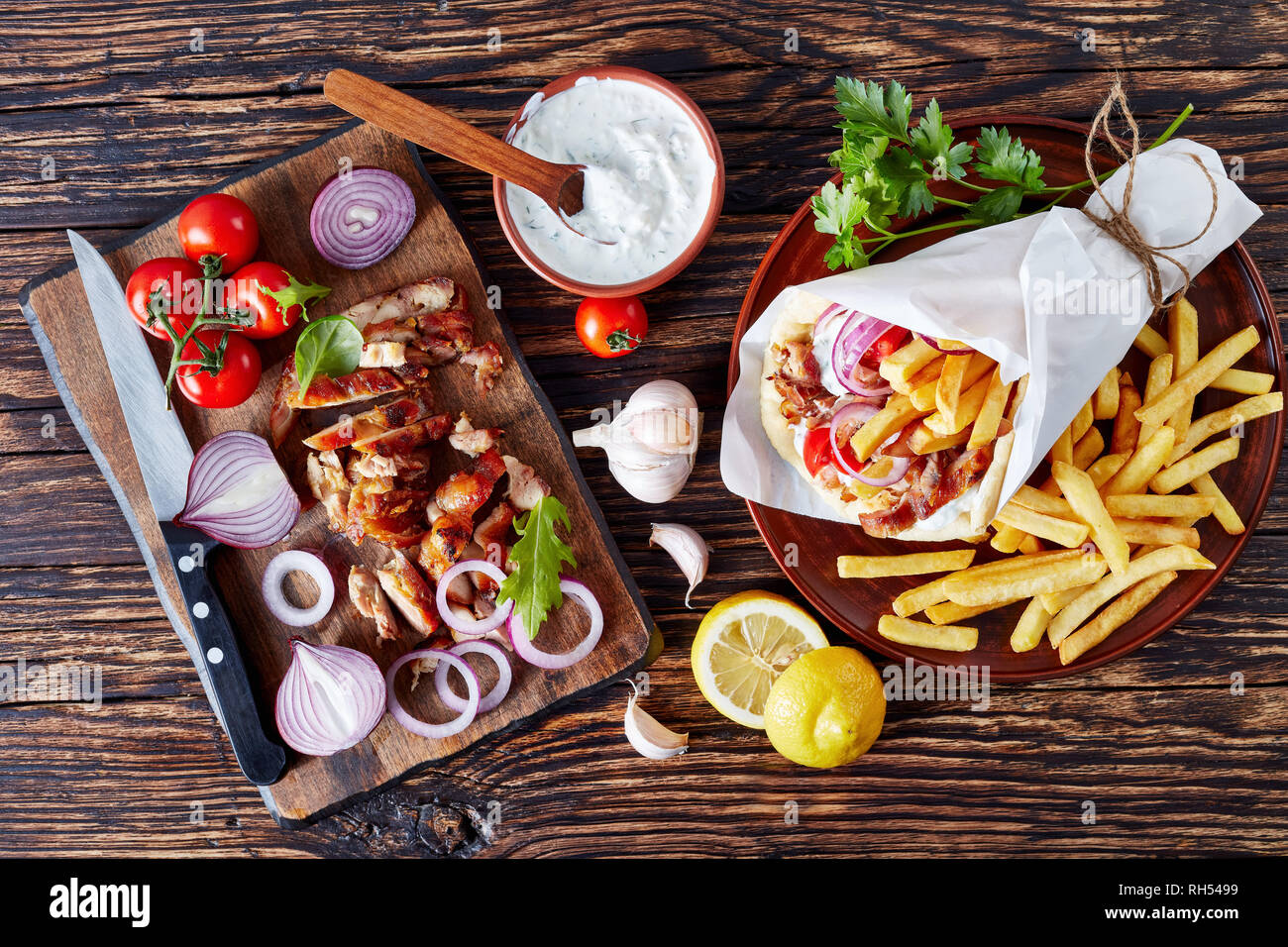 greek souvlaki pita wrap with grilled shaved gyros meat, vegetables