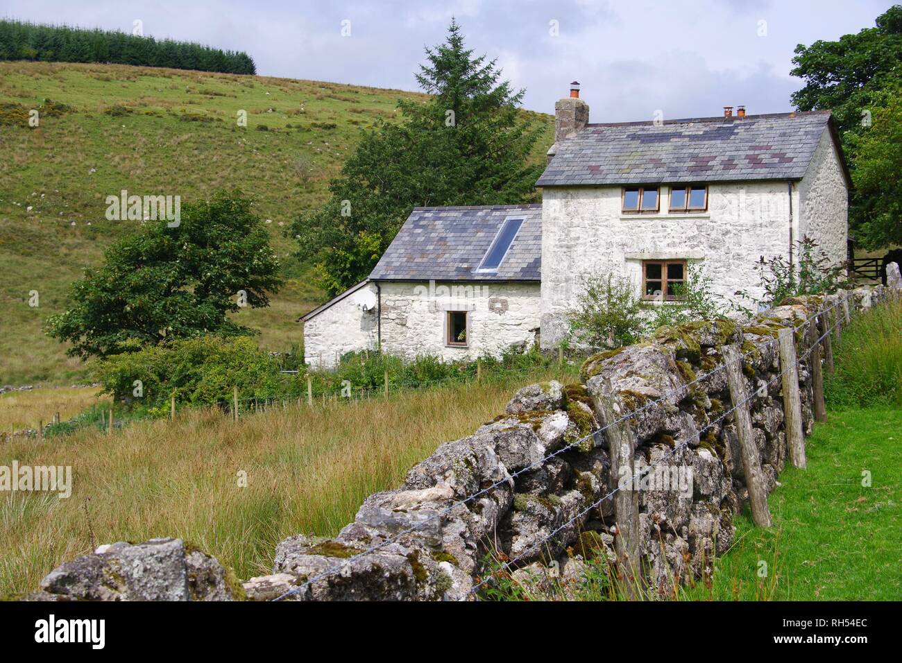Traditional Farm House by a Drystone Wall. Dartmoor National Park, Devon, UK. Stock Photo