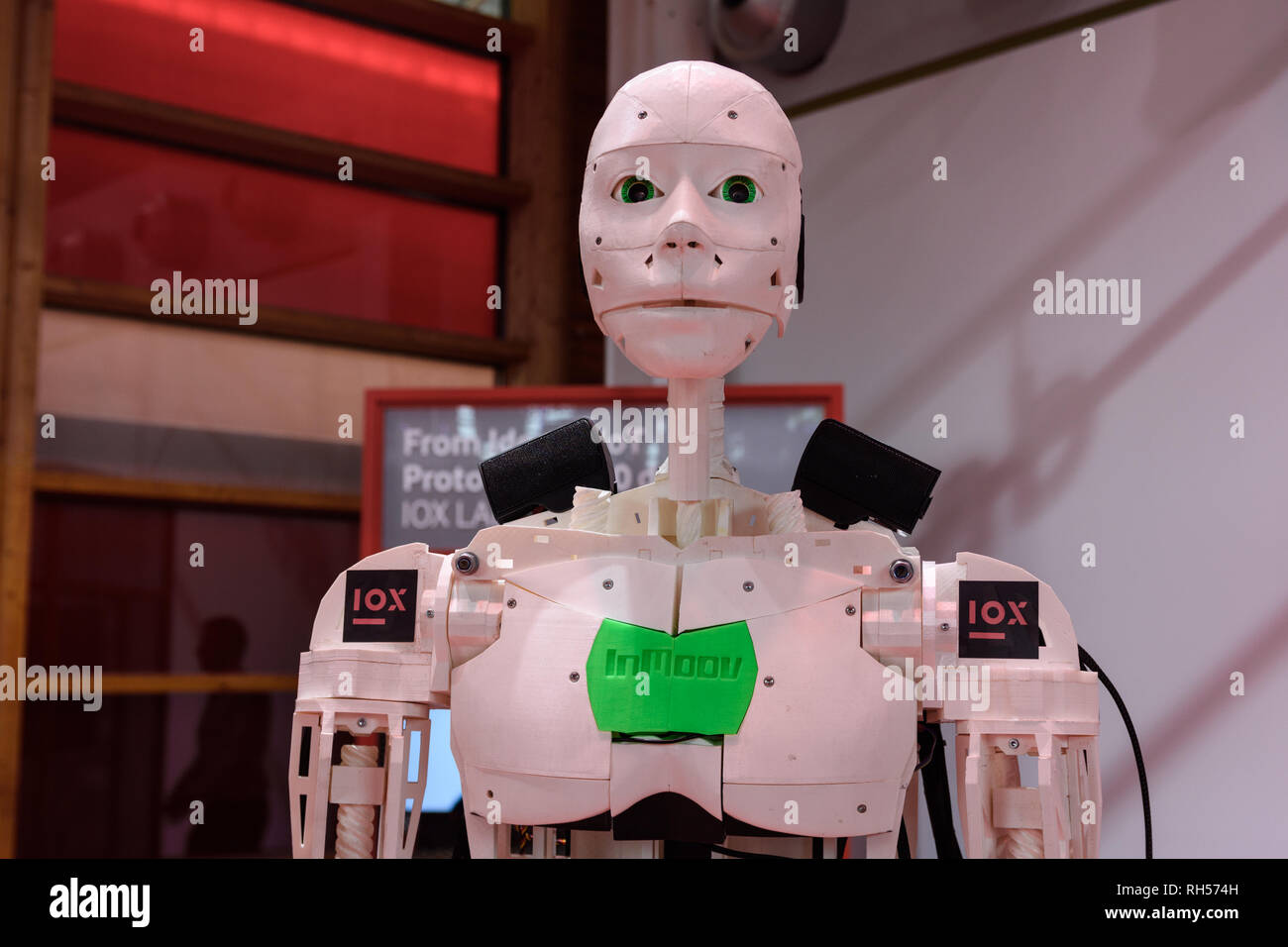 Hannover, Germany - June 13, 2018: Iox shows the 3d-printed humanoid robot  bob from inmoov at the booth of vodafone at the CeBIT 2018. CeBIT is the wo  Stock Photo - Alamy