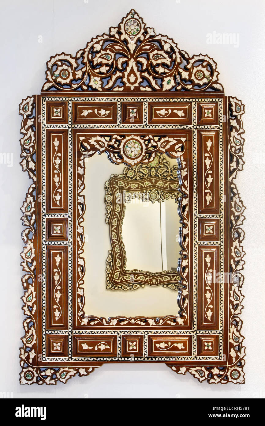 Antique Moroccan Style Mirror With Decorative Wooden Frame Stock