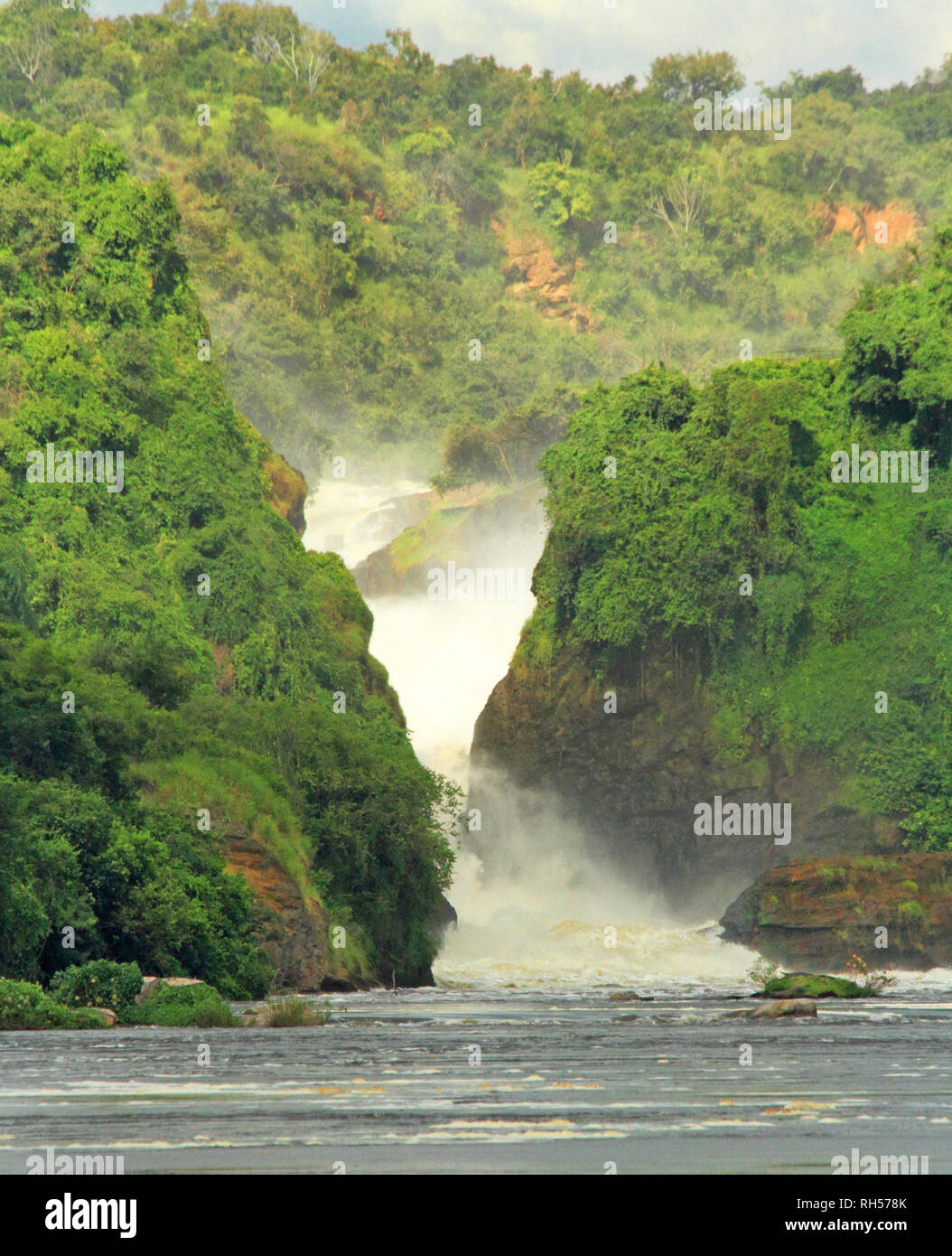 Looking towards Murchison Falls from the middle of the Nile River in Uganda Stock Photo