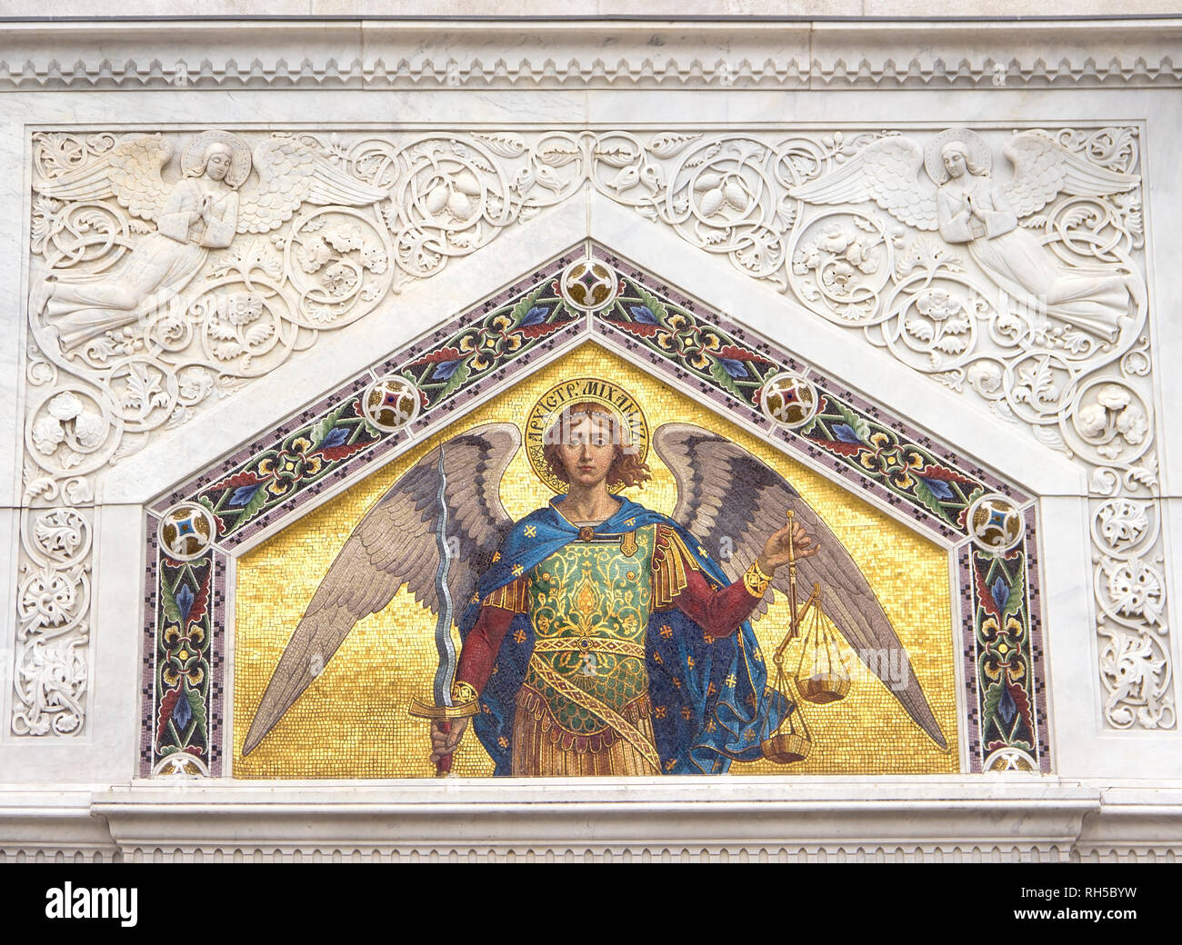 Mosaic of Saint Michael on the facade of  Serbian Orthodox Church in Trieste Stock Photo