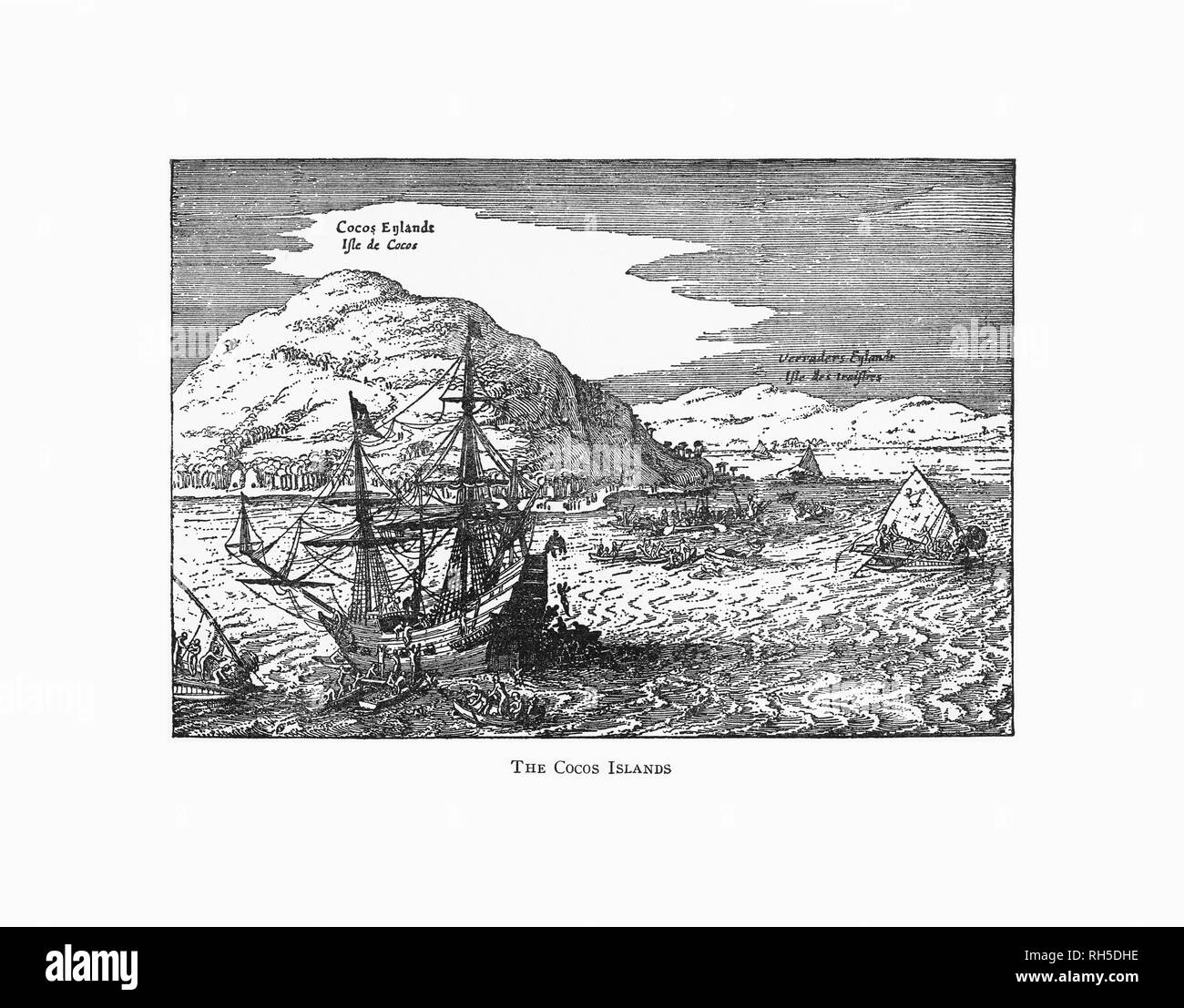 Engraving of Van Noort Sailing the New World, 1600 Stock Photo