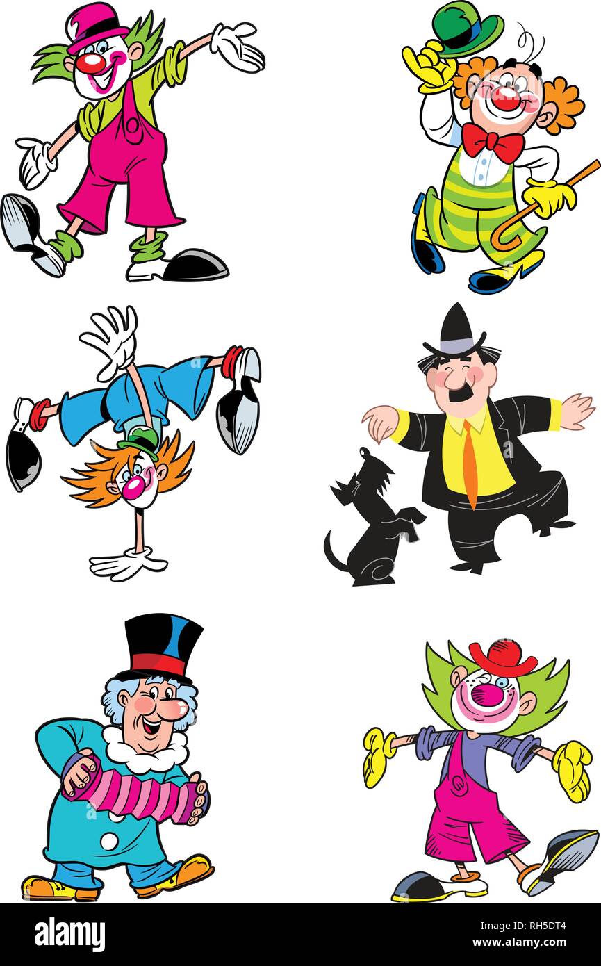 The illustration shows a few different clowns. Illustration done in cartoon style on separate layers. Stock Vector