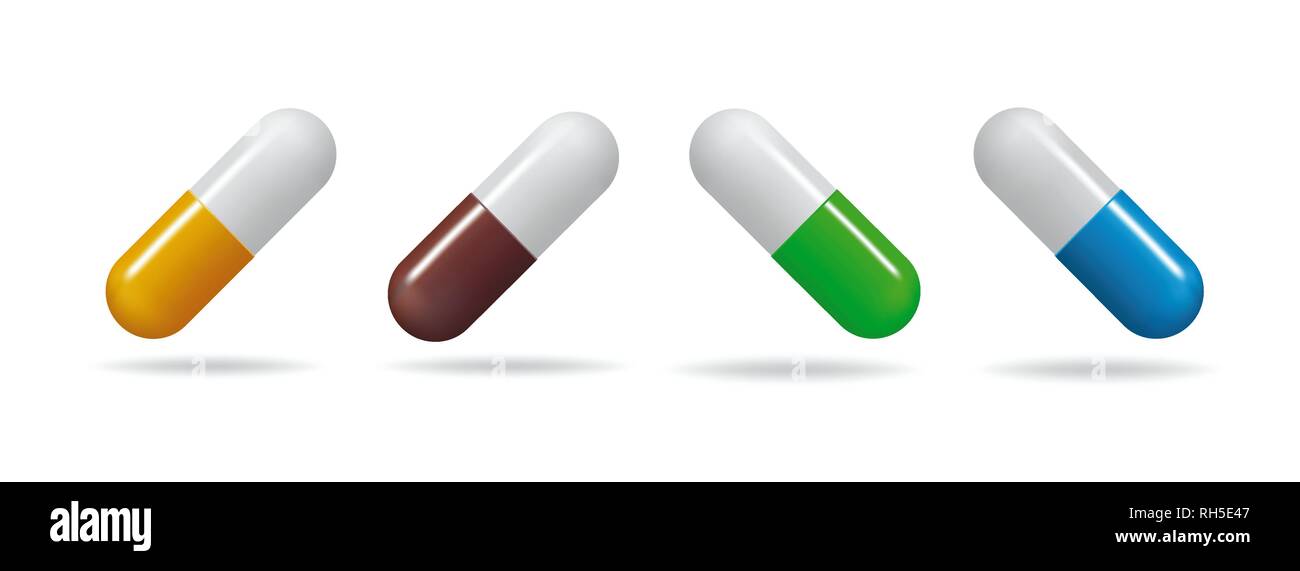 Medicinal tablets. Set tablets of different colors. Isolated objects on ...