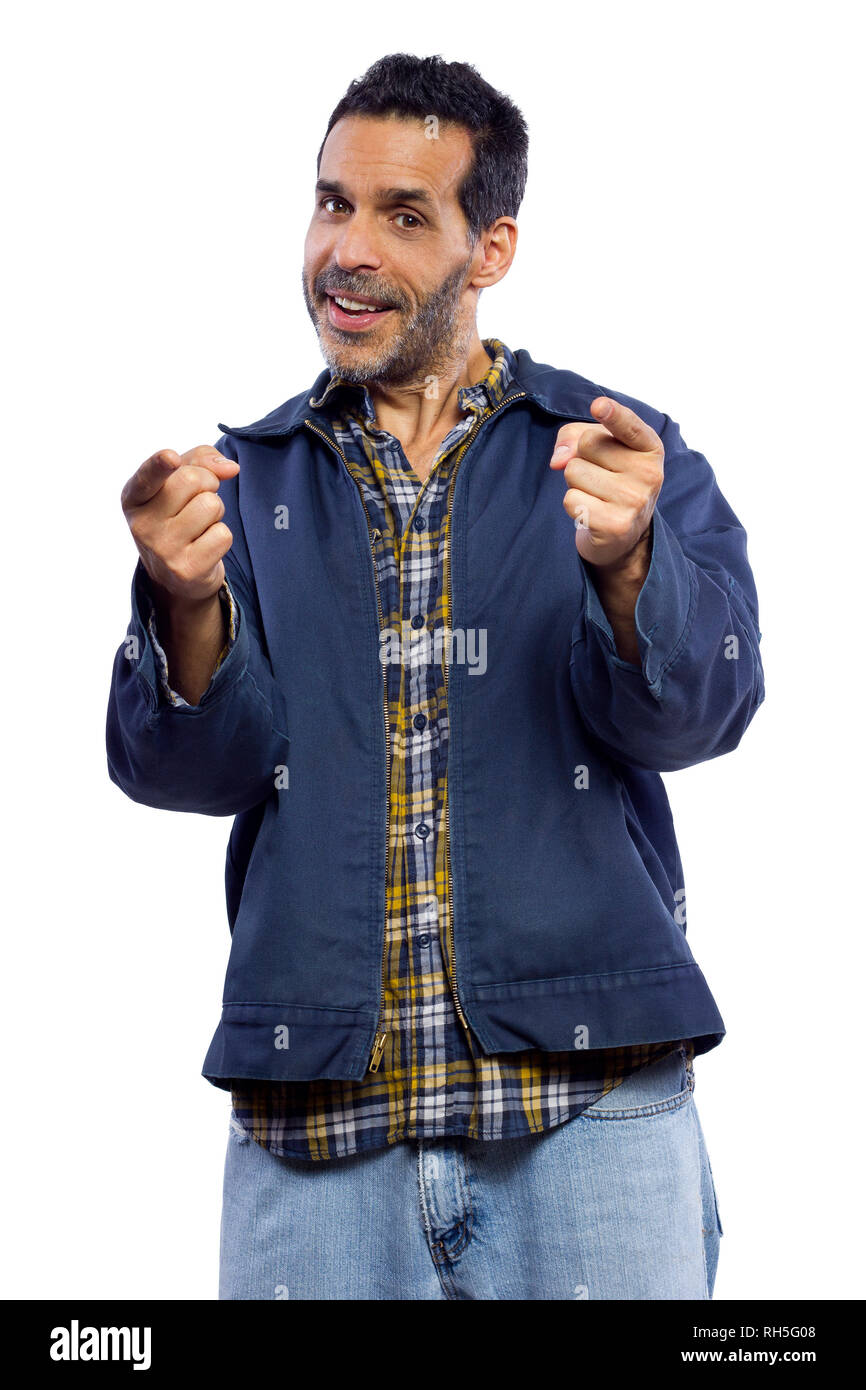 casual dressed man pointing with white background Stock Photo