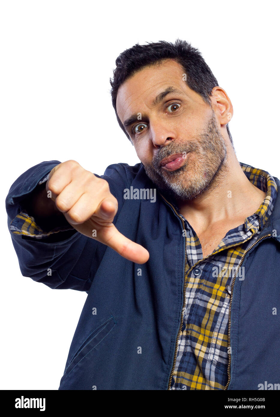 casual dressed man pointing with white background Stock Photo