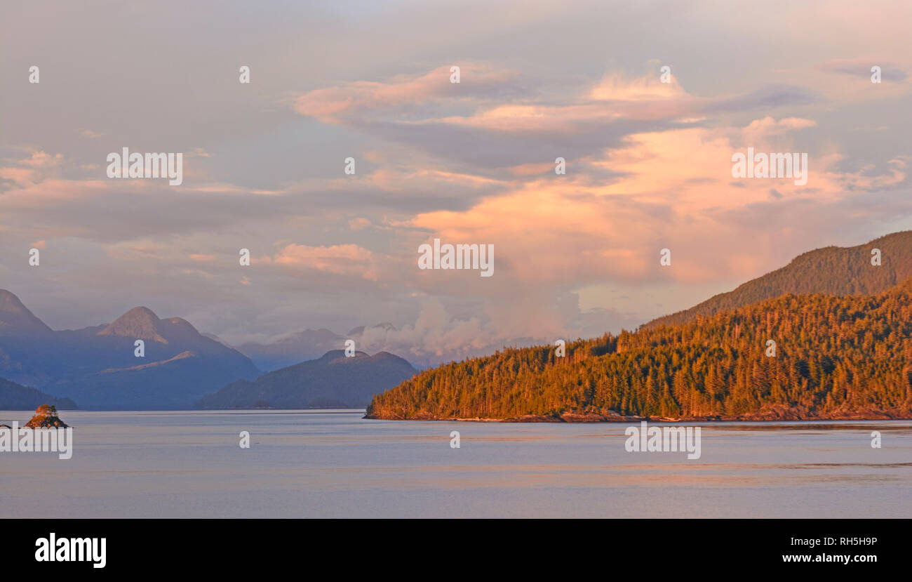 Alpenglow on a Coastal Shore in the Inside Passage near Vancouver Island in Canada Stock Photo