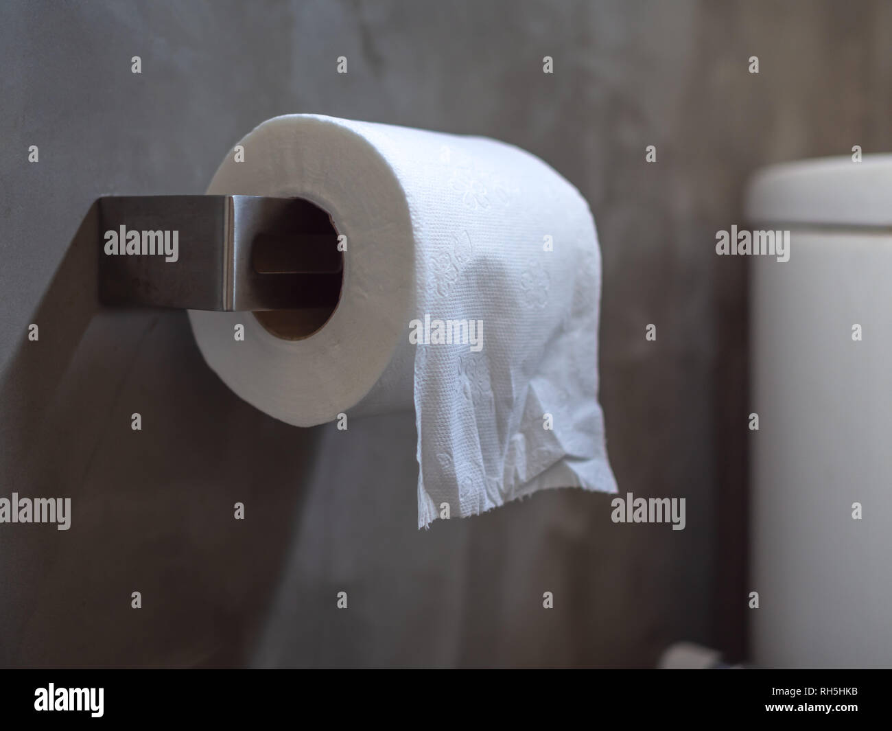 White clean toilet paper roll near the flush toilet in restroom on