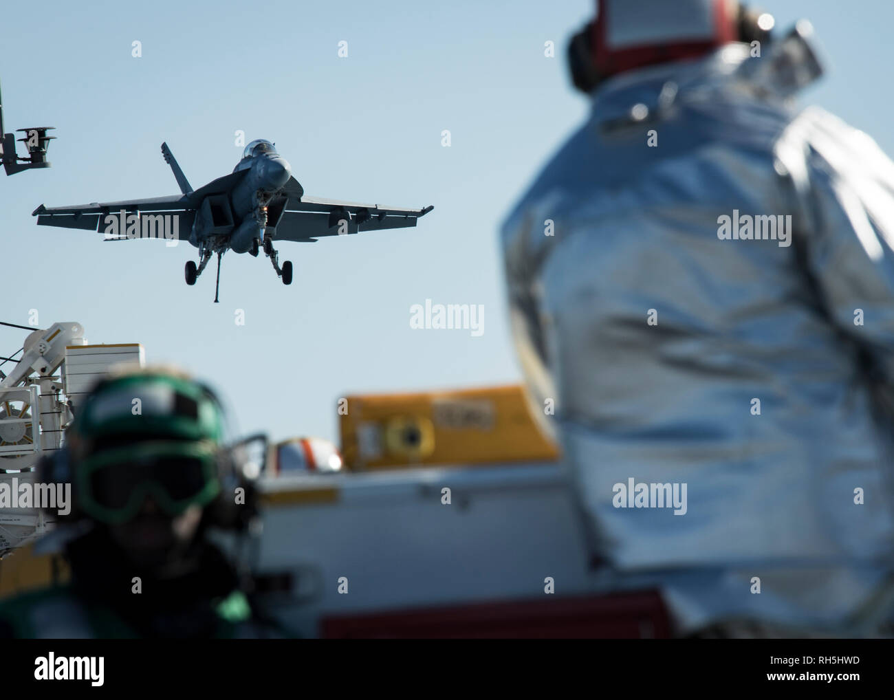 ATLANTIC OCEAN (Jan 19, 2018) -- An F/A-18F Super Hornet, assigned to the 'Black Lions' of Strike Fighter Squadron (VFA) 213, prepares to land on USS Gerald R. Ford's (CVN 78) flight deck during flight operations. Ford is underway conducting test and evaluation operations. (U.S. Navy photo by Mass Communication Specialist 3rd Class Ryan Carter) Stock Photo