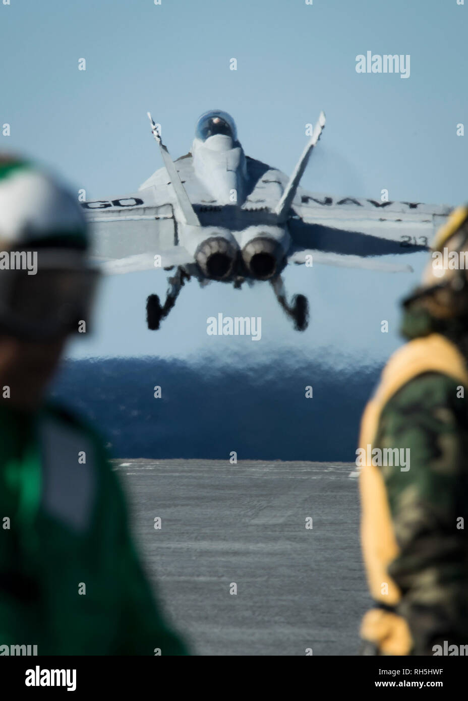 ATLANTIC OCEAN (Jan 19, 2018) -- An F/A-18F Super Hornet, assigned to the 'Black Lions' of Strike Fighter Squadron (VFA) 213, takes off from USS Gerald R. Ford (CVN 78) during flight operations. Ford is underway conducting test and evaluation operations. (U.S. Navy photo by Mass Communication Specialist 3rd Class Ryan Carter) Stock Photo