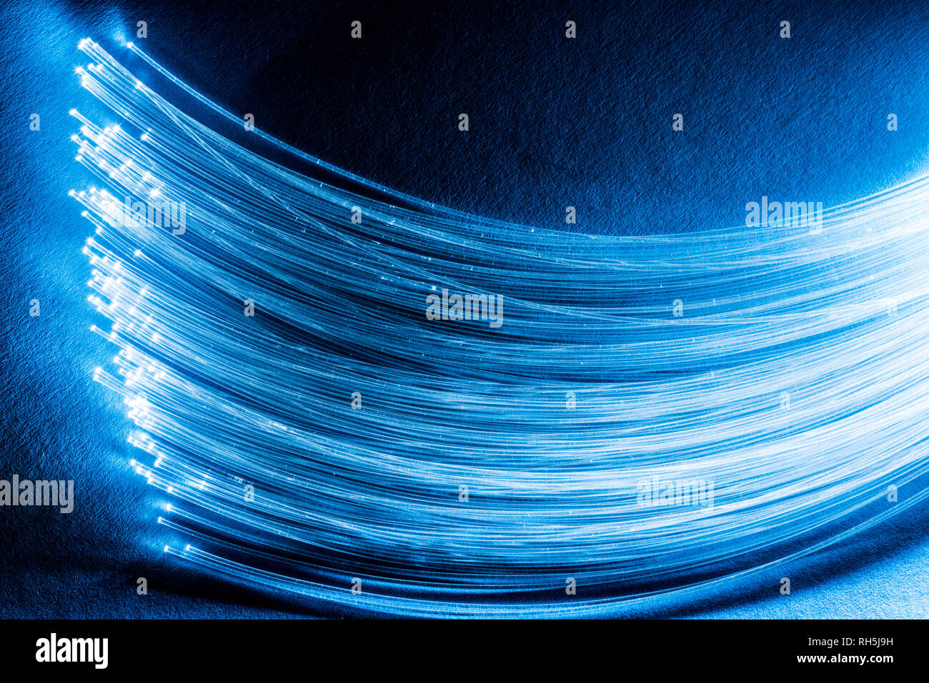 Bundle of optical fibers with lights in the ends. Blue background Stock