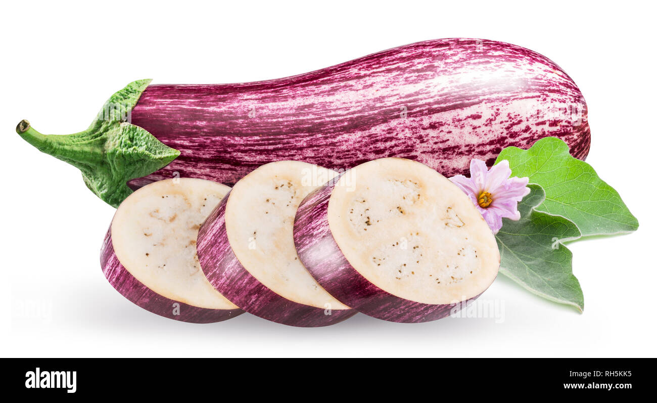 Aubergine Or Eggplant With Aubergine Flower And Leaves On White Background Stock Photo Alamy