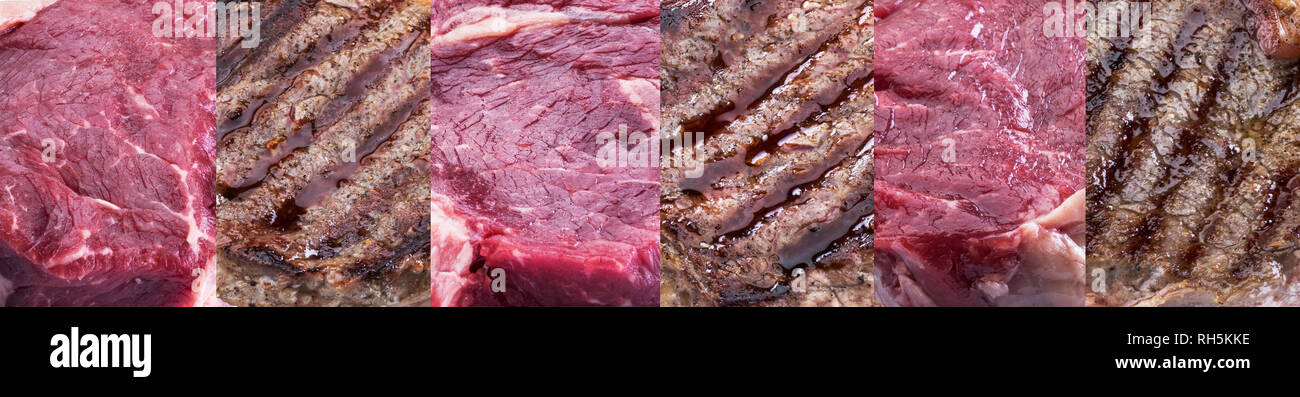 Line of raw and barbecue beef steaks. Food background Stock Photo - Alamy