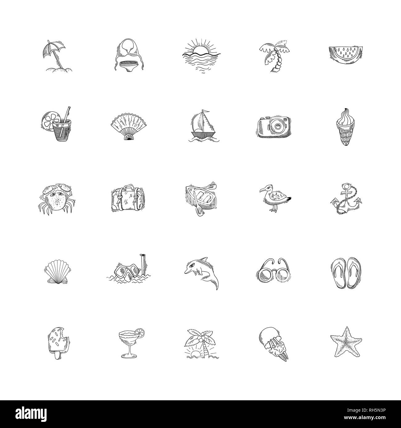 Set Of 25 Hand Drawing Sketch Icons Summer Themed Stock Vector Image