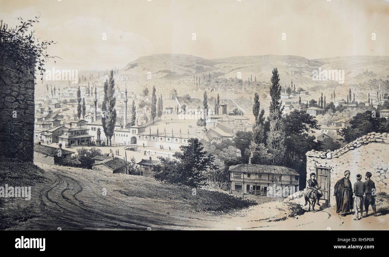 Timm V.F. View of the city of Bakhchisaray in Crimea. Lithography, 1856. Stock Photo