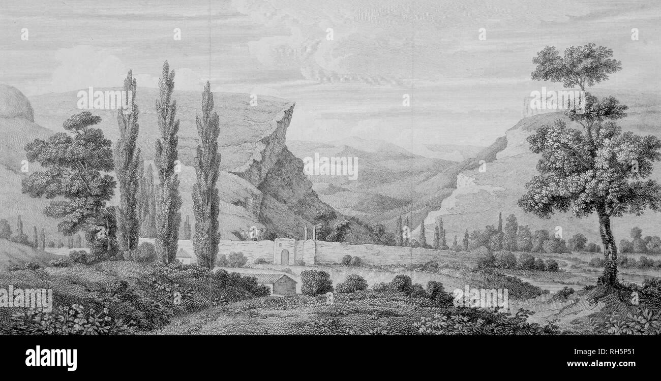 Alexandre de Paldo. Kachi Kalyon in Crimea. Lithography, 1805. Kachi Kalyon is a medieval cave monastery, situated in the picturesque Kachinskaya Valley in Bakhchysarai surroundings. Stock Photo