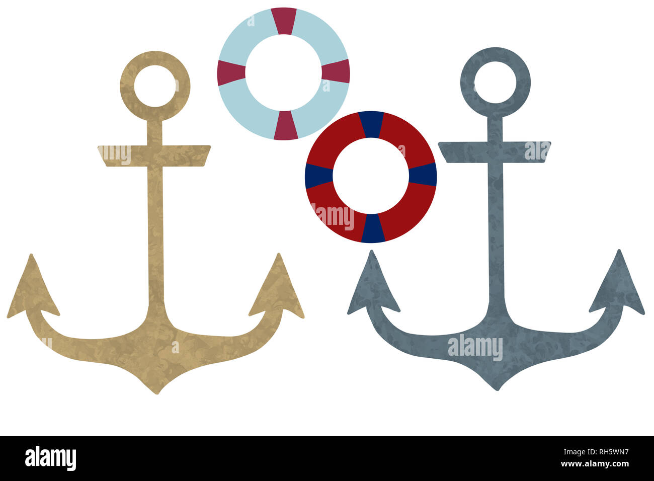 Ship anchors and life rings isolated on white, hand drawn illustration. Stock Photo