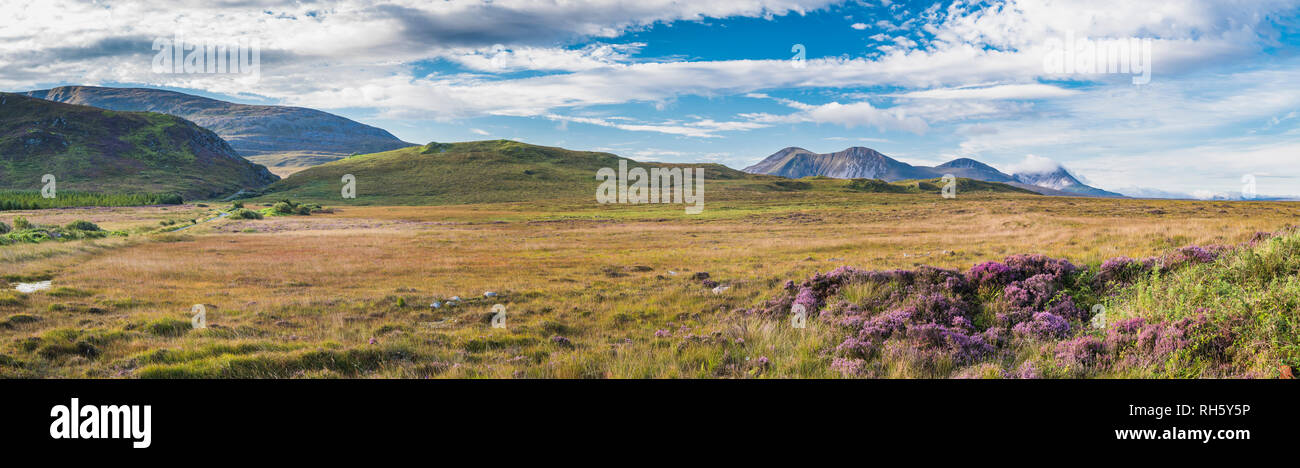 View across bogland towards the Derryveagh Mountains, including the iconic Mount Errigal, from bogland near Falcarragh, County Donegal, Ireland Stock Photo