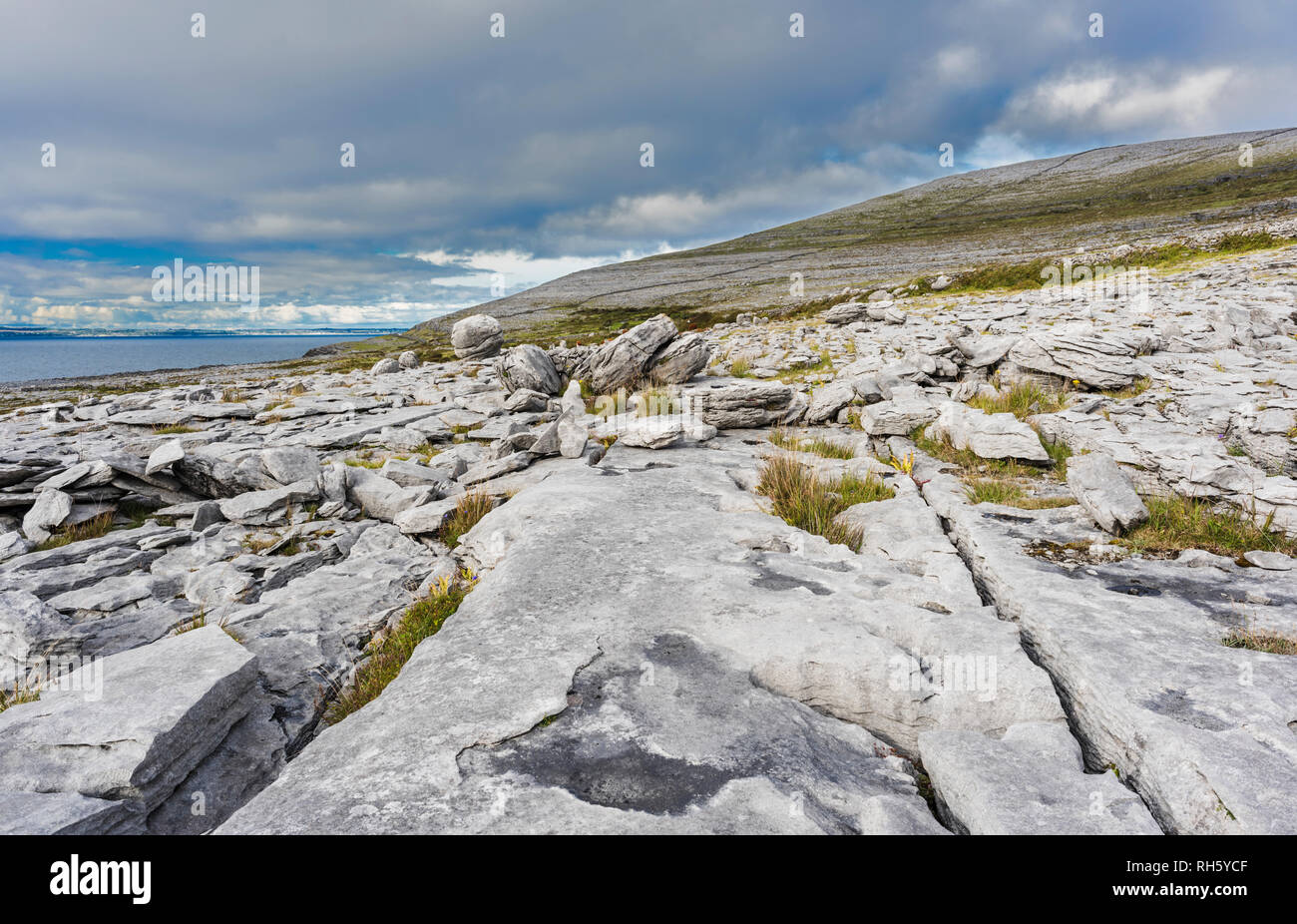 Erratic boulders, deposited by glaciers, strewn across the limestone pavement near Black Head, the Burren, County Clare, Ireland Stock Photo