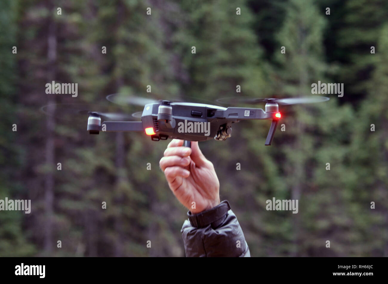 Filmmaker retrieves a DJI Mavic Pro drone after a videography session in the Purcell Mountains, Montana. (Photo by Randy Beacham) Stock Photo