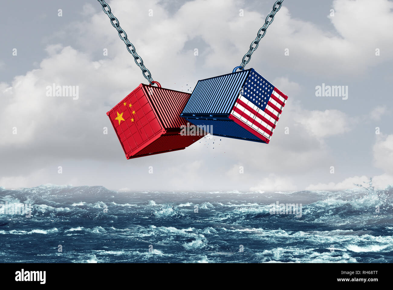 China USA fight as a trade war and tariff dispute on imports and exports industry as a 3D illustration. Stock Photo