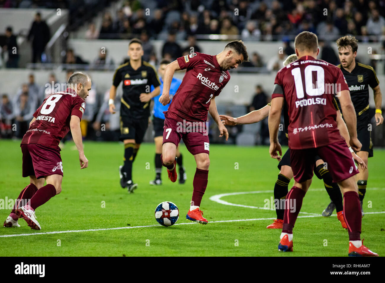 Los Angeles, USA. 31st Jan, 2019. Vissel Kobe's David Villa (7) mixes it up with teammates Andrés Iniesta (8) and Lukas Podolski (10) during the second half of their match against LAFC. Credit: Ben Nichols/Alamy Live News Stock Photo