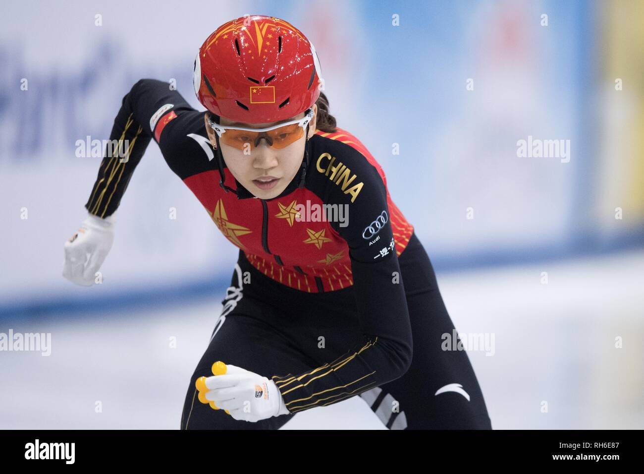 Dresden, Germany. 01st Feb, 2019. Shorttrack: World Cup, preliminary, 1000 meters women in the EnergieVerbund Arena. Yize Zang from China on the track. Credit: Sebastian Kahnert/dpa-Zentralbild/dpa/Alamy Live News Stock Photo