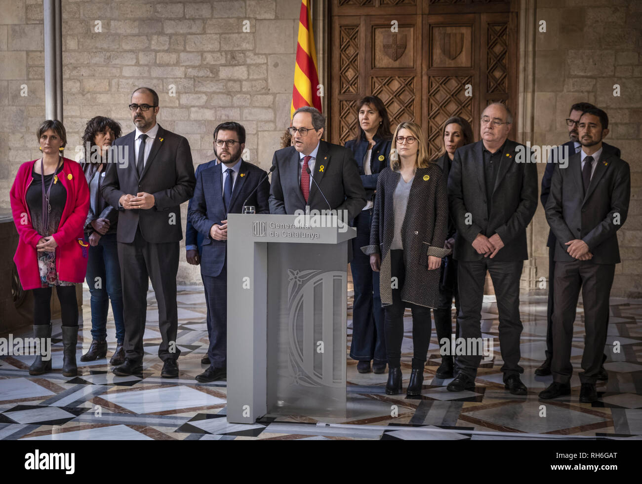 February 1, 2019 - Barcelona, Catalonia, Spain - President Quim Torra is seen during the institutional declaration of the transfer of political prisoners to Madrid to be tried..President Quim Torra during the declaration has asked the international community and all entities of civil and human rights to add to the sentiment of the people of Catalonia in defense of the principles and values of a fairer, safer and freer future world. (Credit Image: © Paco Freire/SOPA Images via ZUMA Wire) Stock Photo