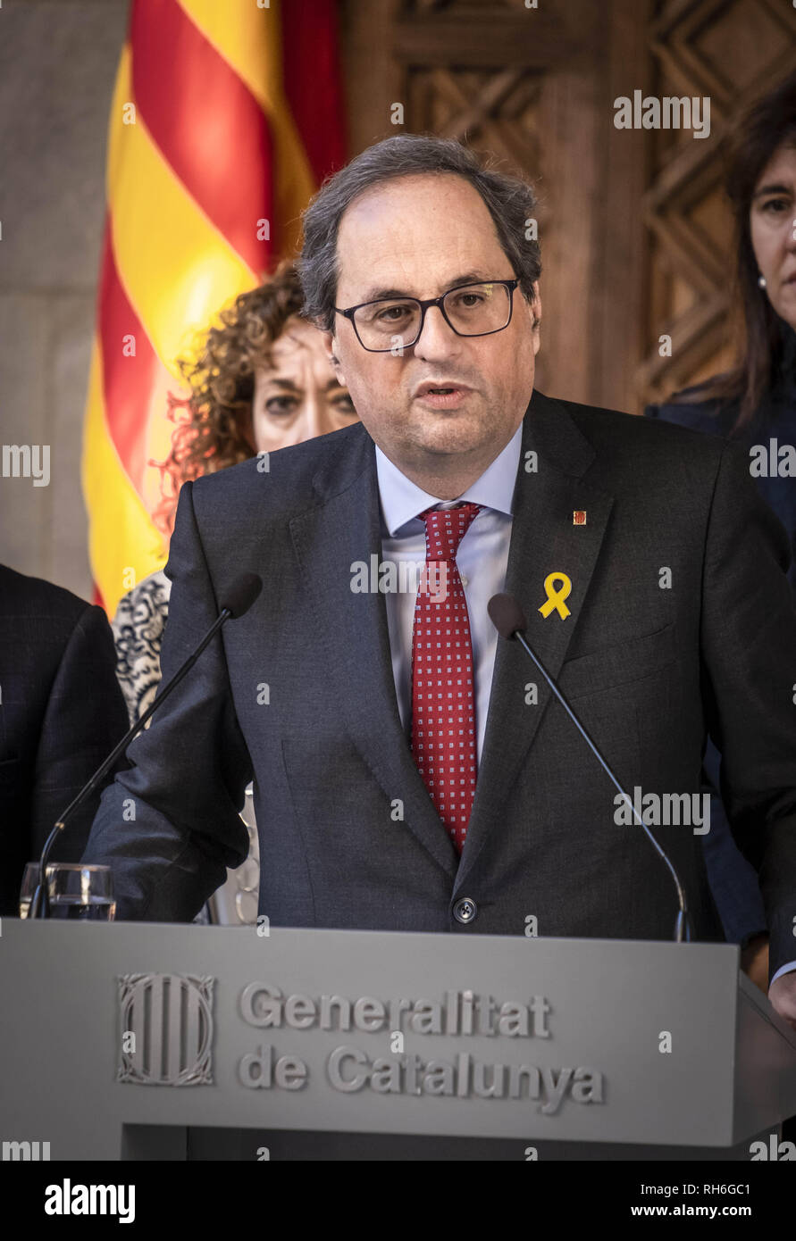 February 1, 2019 - Barcelona, Catalonia, Spain - President Quim Torra is seen during the institutional declaration of the transfer of political prisoners to Madrid to be tried..President Quim Torra during the declaration has asked the international community and all entities of civil and human rights to add to the sentiment of the people of Catalonia in defense of the principles and values of a fairer, safer and freer future world. (Credit Image: © Paco Freire/SOPA Images via ZUMA Wire) Stock Photo
