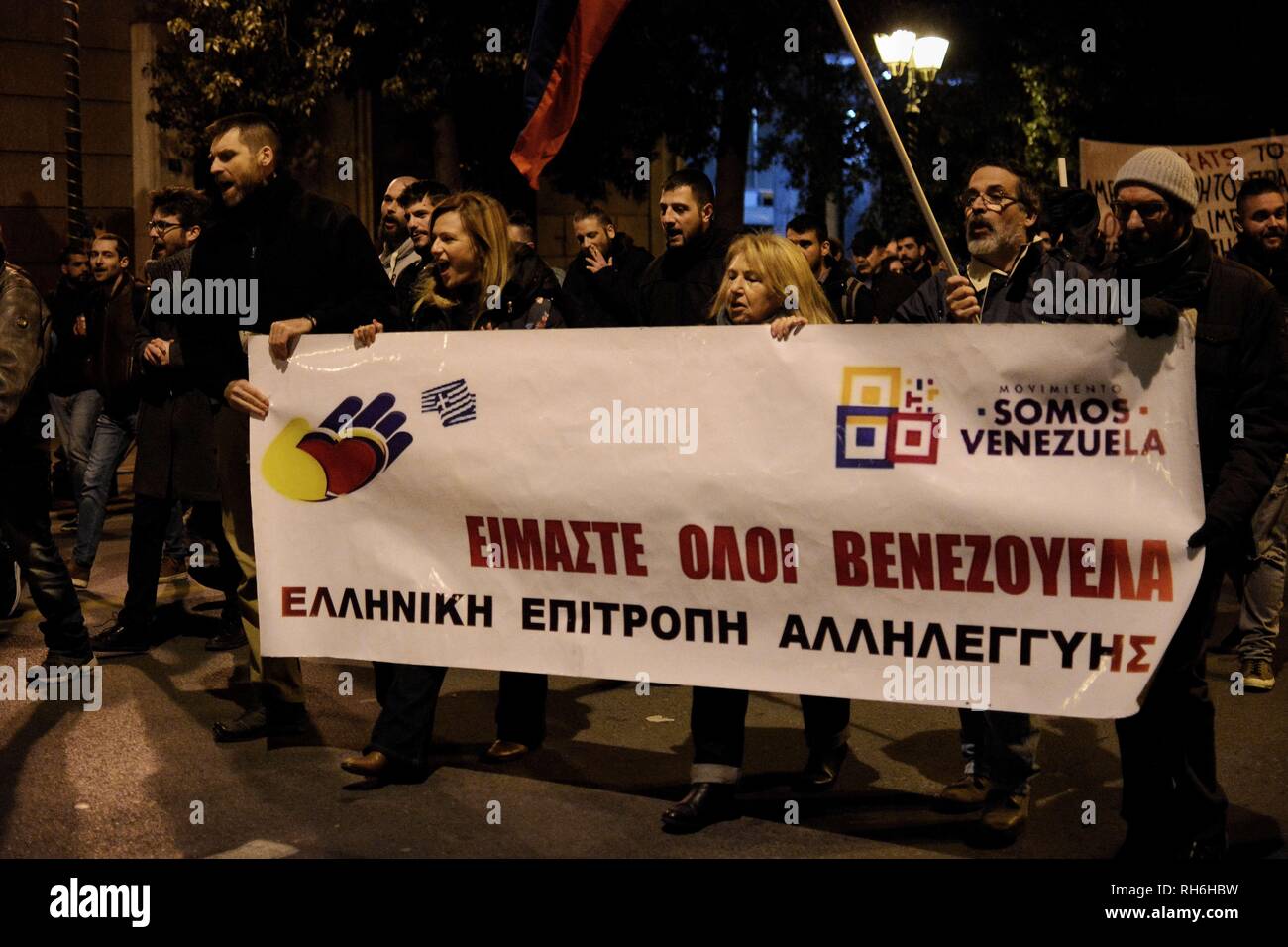 Athens, Greece. 31st Jan, 2019. Protesters seen holding a banner during the demonstration.People demonstrated at the US Embassy to show solidarity with Venezuela in Athens, Greece. Credit: Giorgos Zachos/SOPA Images/ZUMA Wire/Alamy Live News Stock Photo