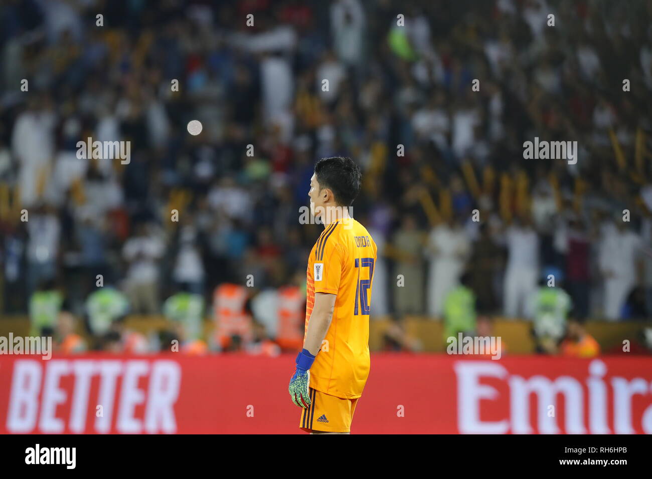 Abu Dhabi, United Arab Emirates (UAE). 1st Feb, 2019. Shuichi Gonda of Japan reacts during the final match between Japan and Qatar at the 2019 AFC Asian Cup in Abu Dhabi, the United Arab Emirates (UAE), Feb. 1, 2019. Credit: Ding Xu/Xinhua/Alamy Live News Stock Photo