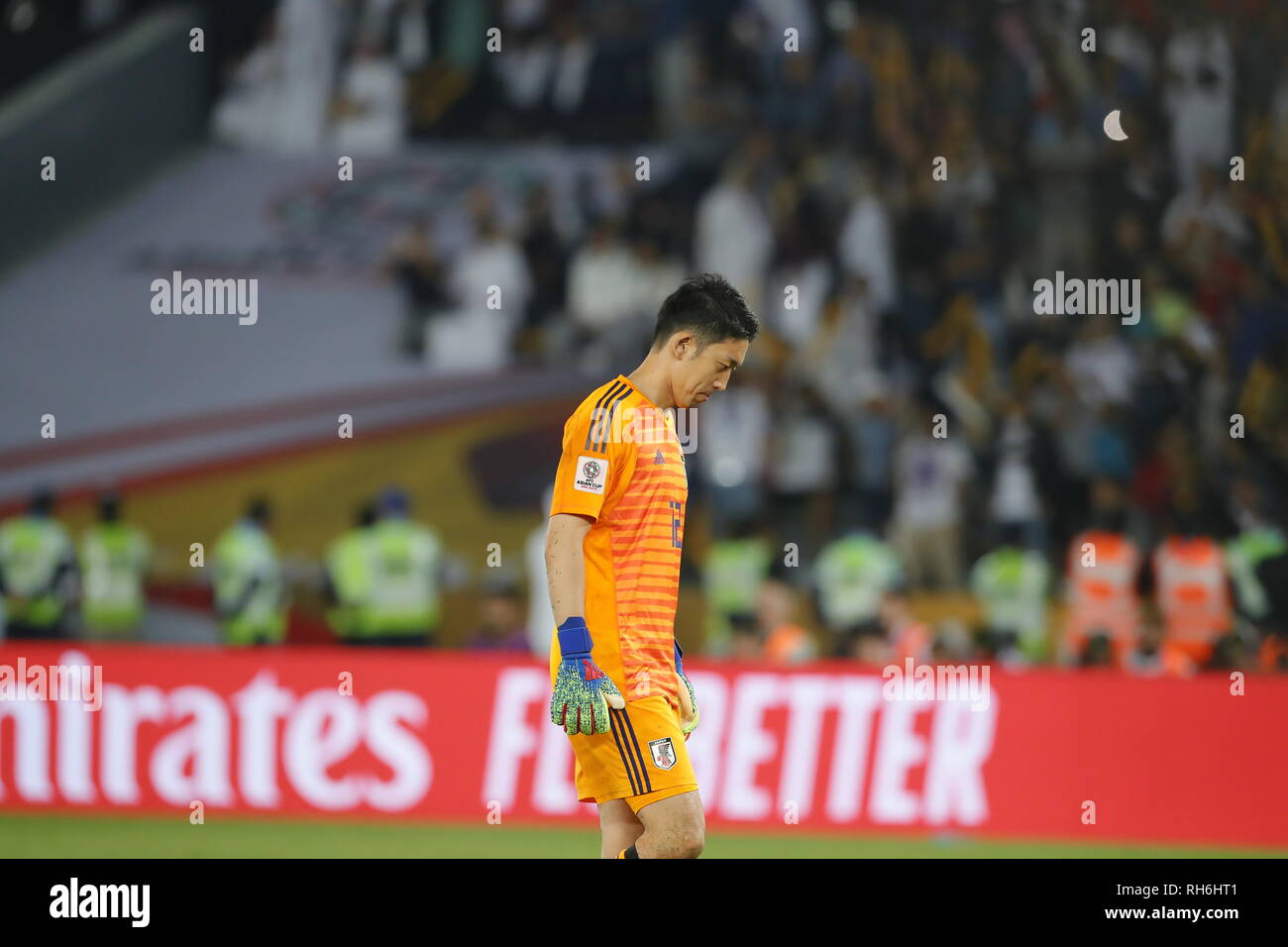 Abu Dhabi, United Arab Emirates (UAE). 1st Feb, 2019. Shuichi Gonda of Japan reacts during the final match between Japan and Qatar at the 2019 AFC Asian Cup in Abu Dhabi, the United Arab Emirates (UAE), Feb. 1, 2019. Credit: Ding Xu/Xinhua/Alamy Live News Stock Photo