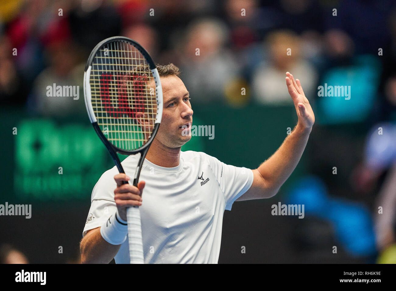 Frankfurt, Germany. 01st Feb, 2019. Boris BECKER, DTB Head of Mens Tennis,  half-size, portrait, Dr. Tim Kinateder, DTB Teamdoctor, medical doctor, in  a training, practice session before the match GERMANY - HUNGARY