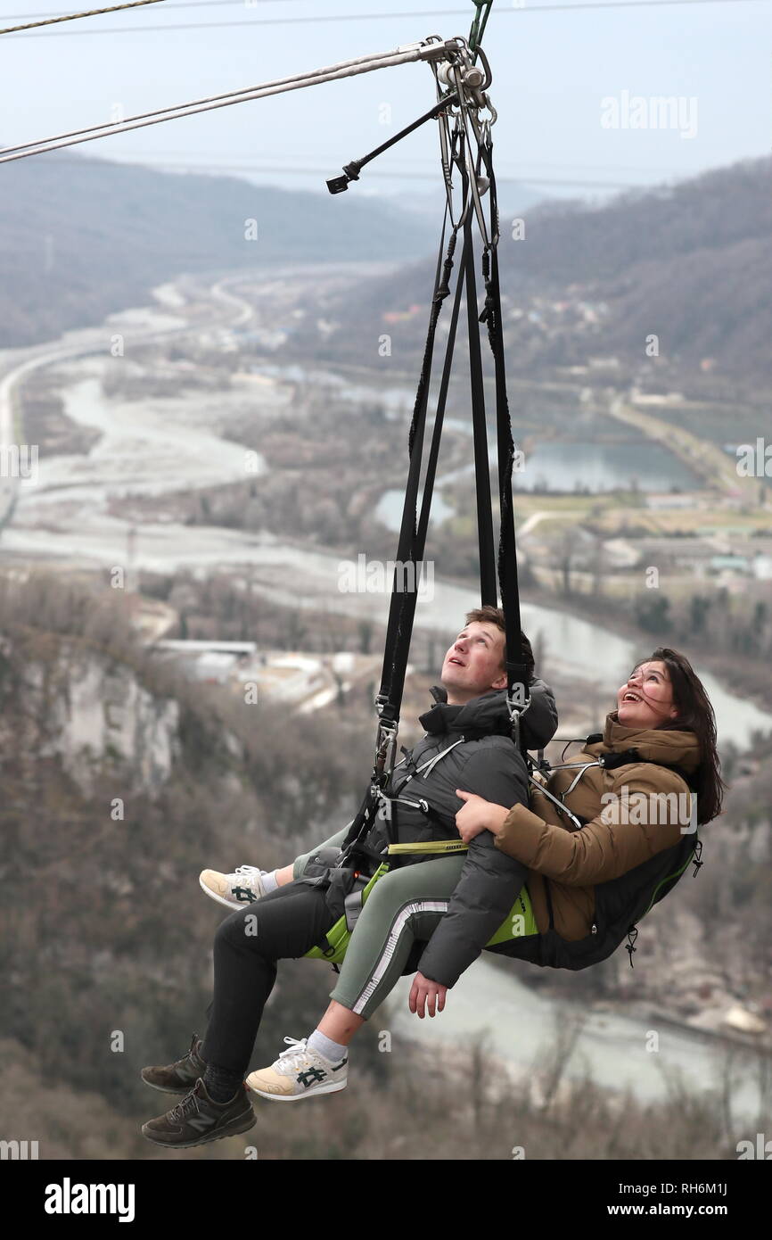 Sochi Russia February 1 2019 Young People On A Rope