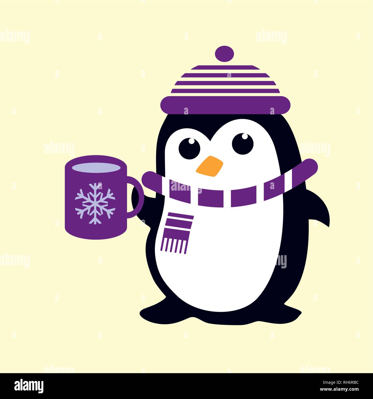 Funny cute penguin in violet hat, scarf with violet cup with snowflake. For baby and nursery Christmas fabric, wallpaper, giftwrap Stock Vector