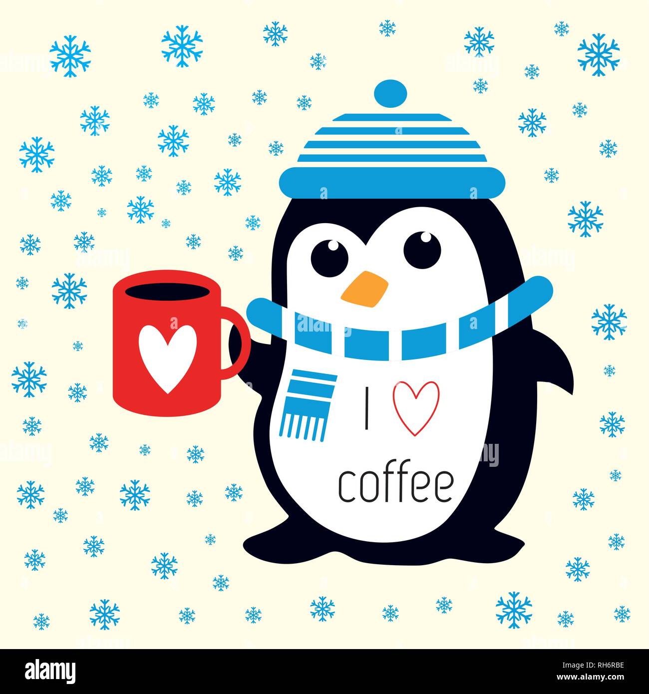 Funny cute penguin in blue hat and scarf with red cup with heart. For  Christmas fabric, wallpaper, giftwrap. I love coffee Stock Vector Image &  Art - Alamy