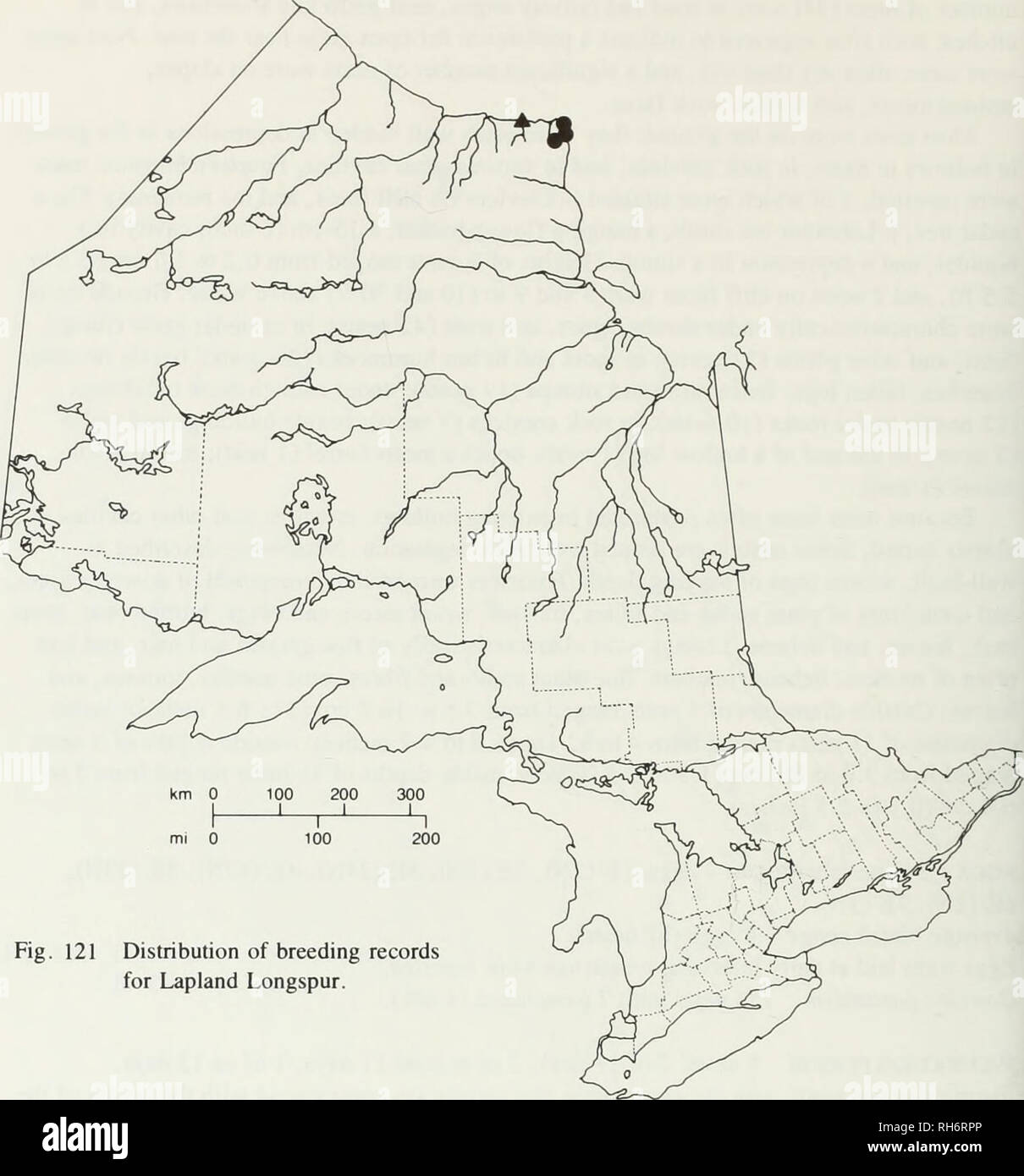 . Breeding birds of Ontario : nidiology and distribution. Birds; Birds; Birds. Fig. 121 Distribution of breeding records for Lapland Longspur. 244. Please note that these images are extracted from scanned page images that may have been digitally enhanced for readability - coloration and appearance of these illustrations may not perfectly resemble the original work.. Peck, George K; James, Ross, 1943-; Royal Ontario Museum. Toronto : Royal Ontario Museum Stock Photo