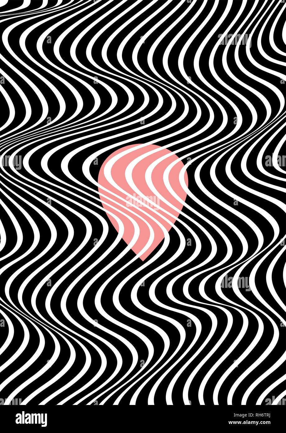 Abstract vertical wavy geometric pattern. Vector texture with black and white waves, stripes. Red design element in the middle. Dynamical 3D effect. Stock Vector