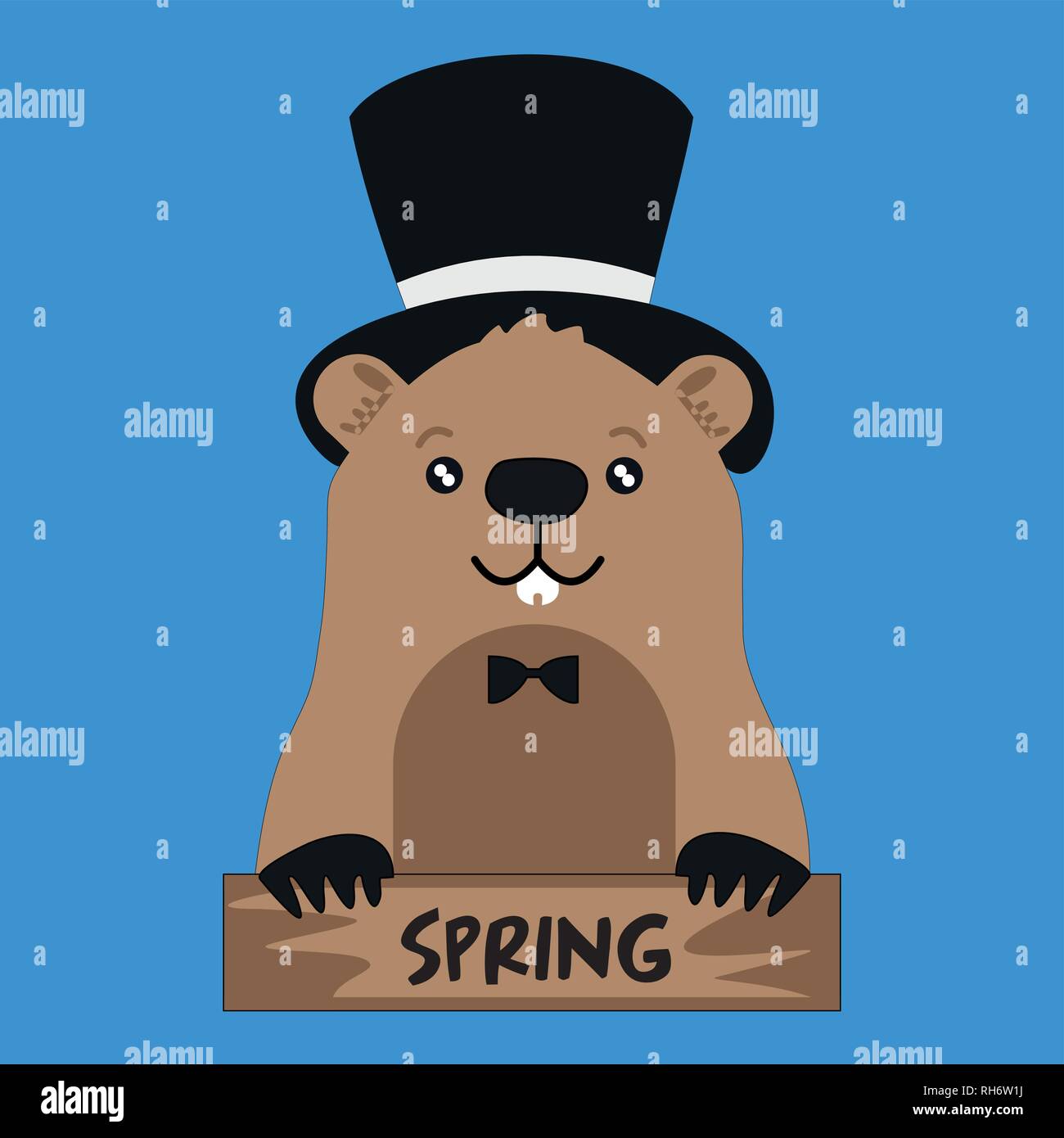 Funny groundhog in black hat on blue  background with spring card. Vector Design with Cute Marmot Character - Advertising Poster or Flyer Template Stock Vector