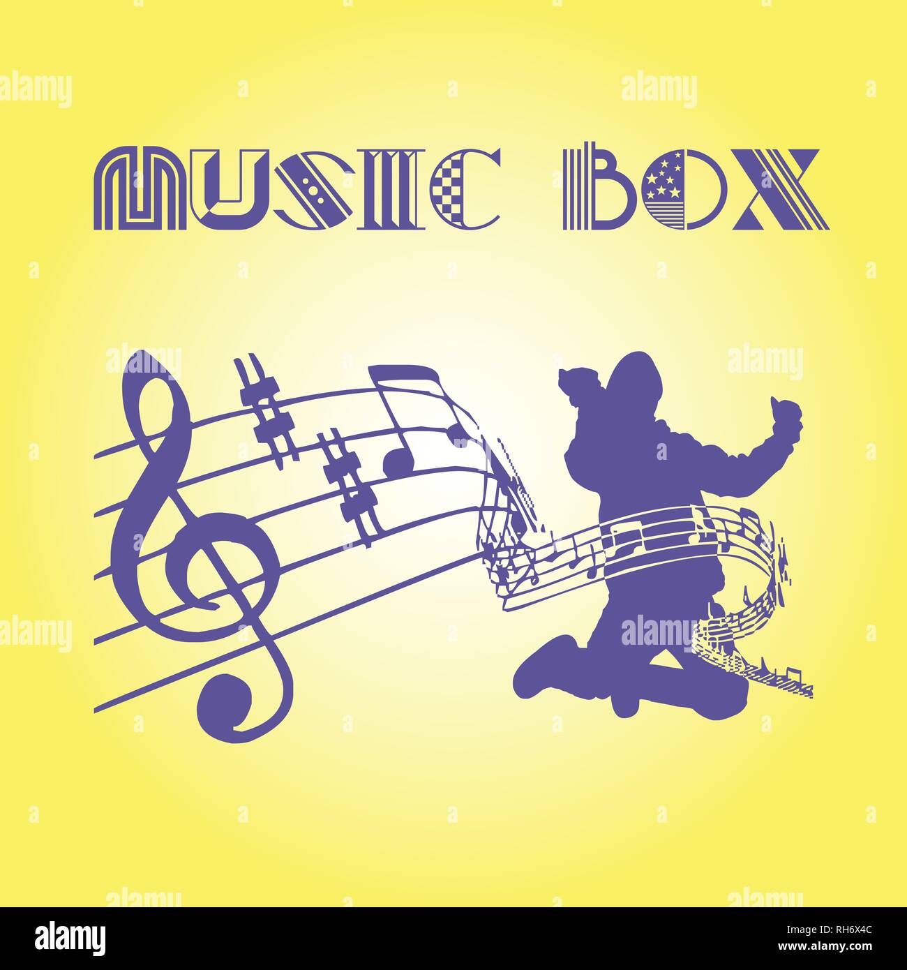 Jumping man silhouete with notes on yellow gradient background with MUSIC BOX text. Music concept. Ultra violet color. Stock Vector