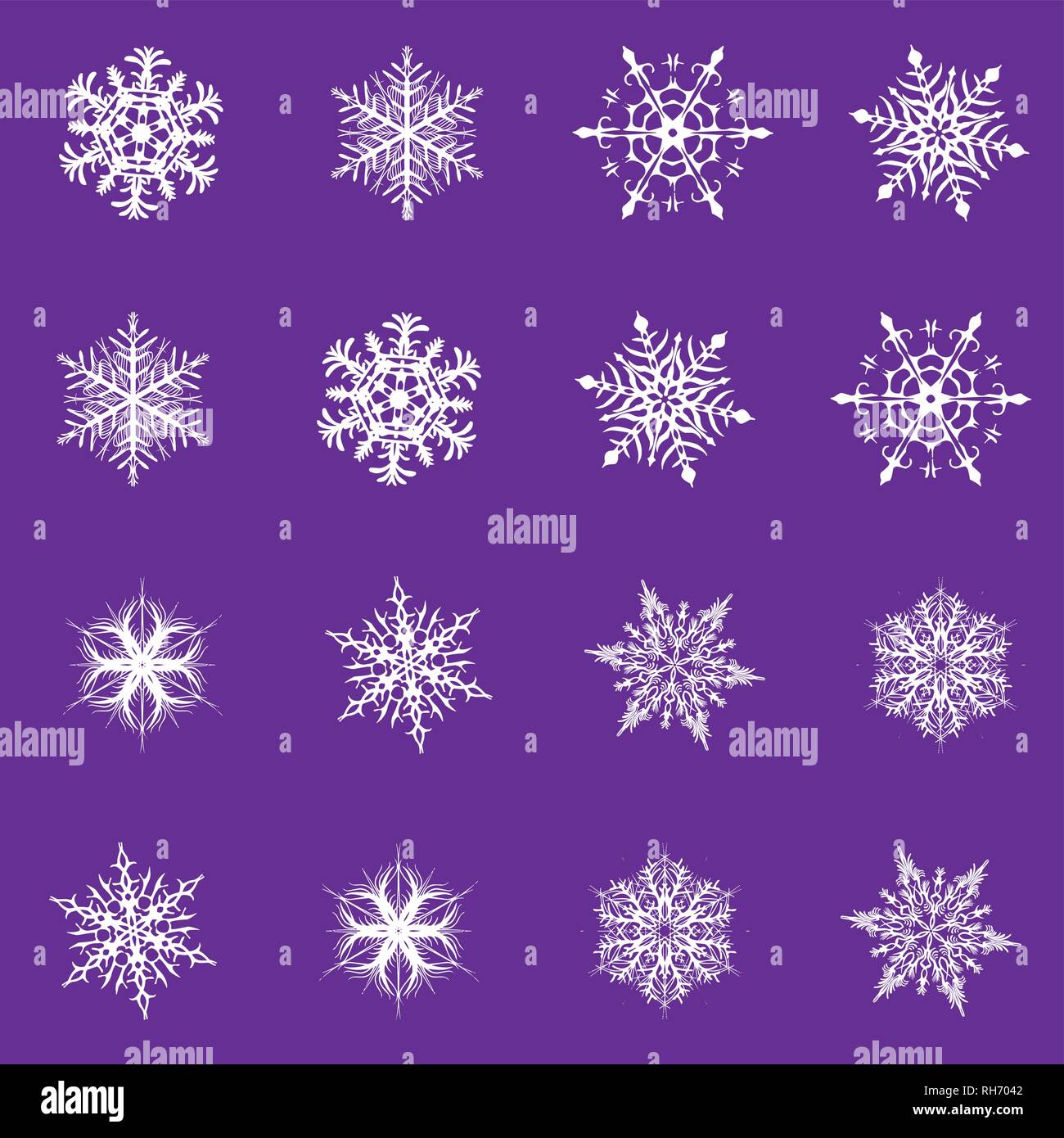 Snowflake vector icon background set proton purple color. Trend 2019. Winter white christmas snow flake crystal element. Weather illustration. Stock Vector