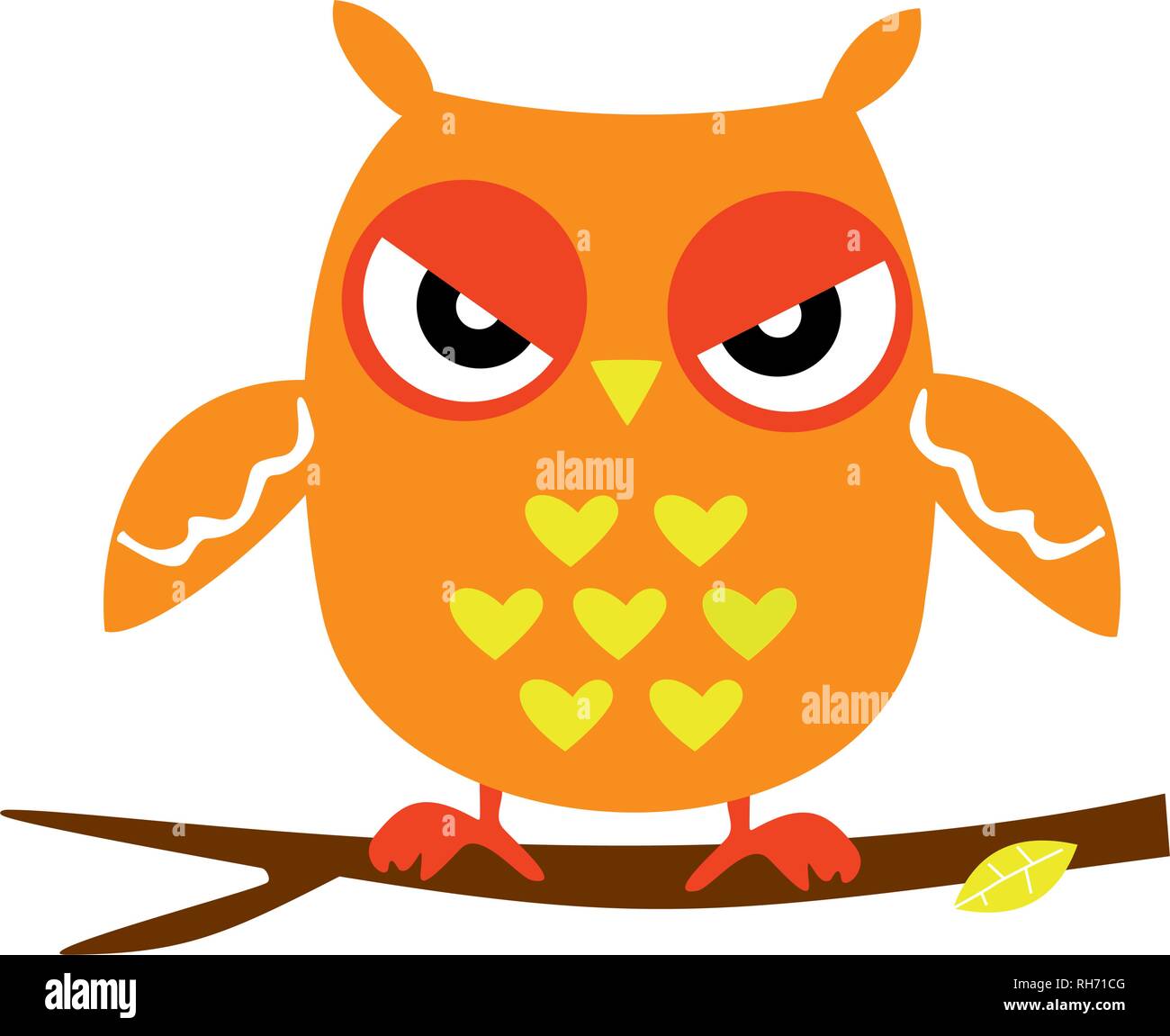 Orange Owl Sitting on a Branch, Abstract Background, Cartoon Character Isolated on White Vector Illustration EPS 10 Stock Vector