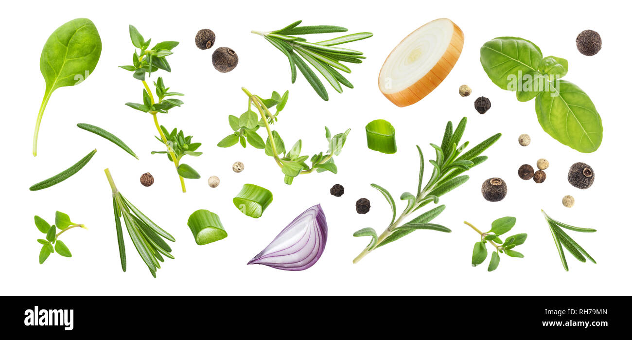 Different spices and herbs isolated on white background, top view Stock Photo