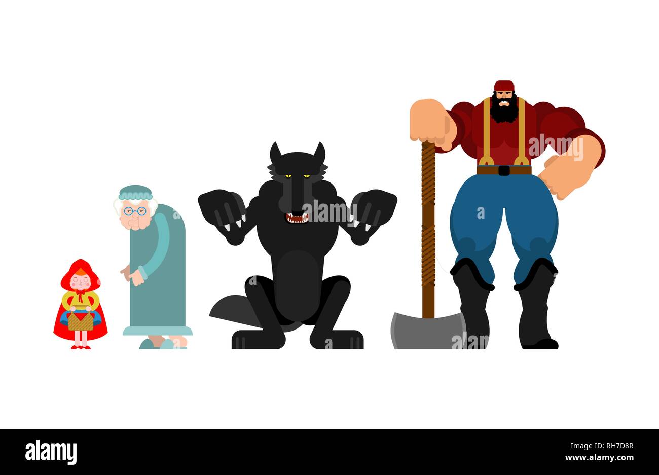 Little Red Riding Hood set. Grandmother and granddaughter. Wolf and