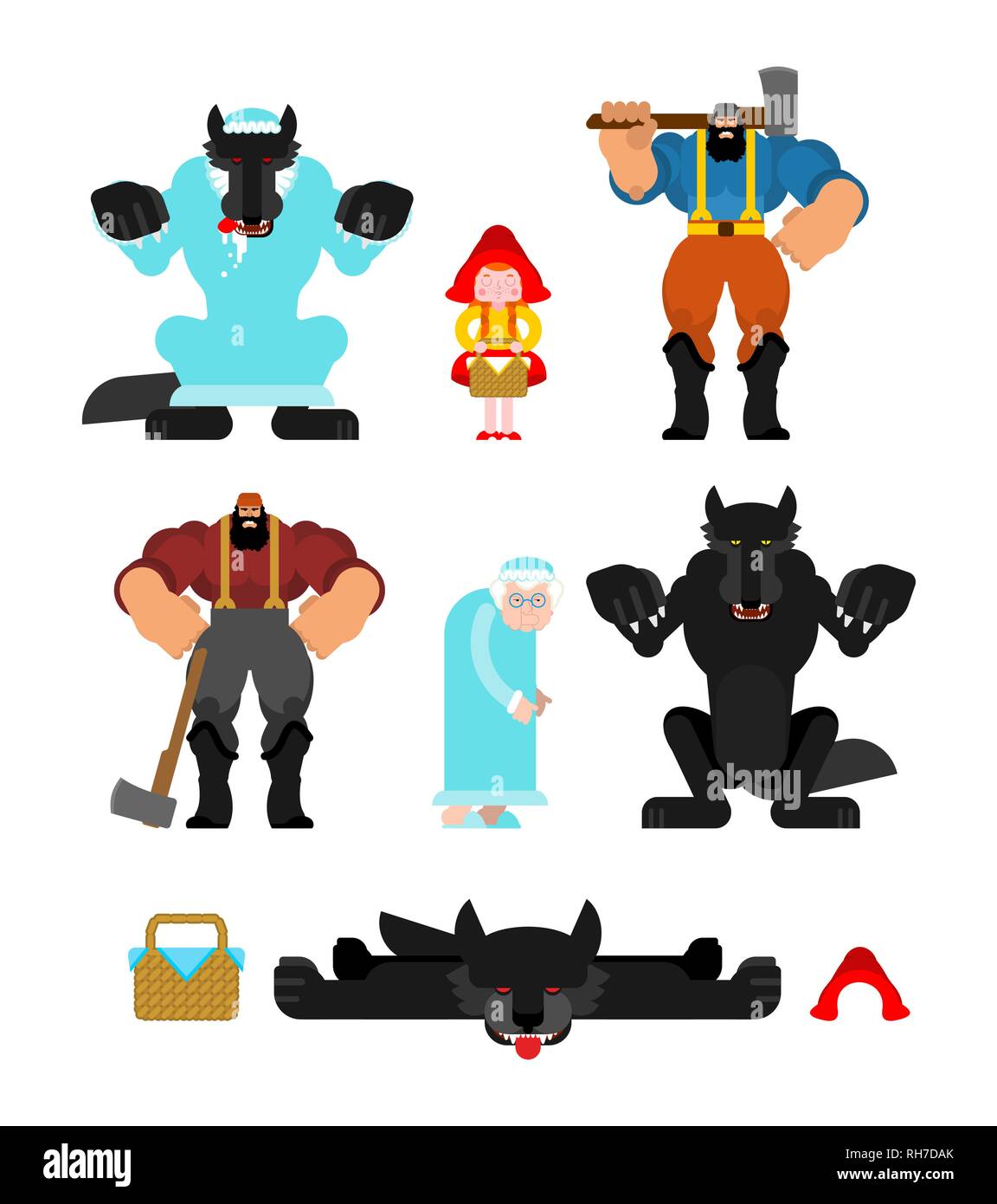 Little Red Riding Hood set. Grandmother and granddaughter. Wolf and