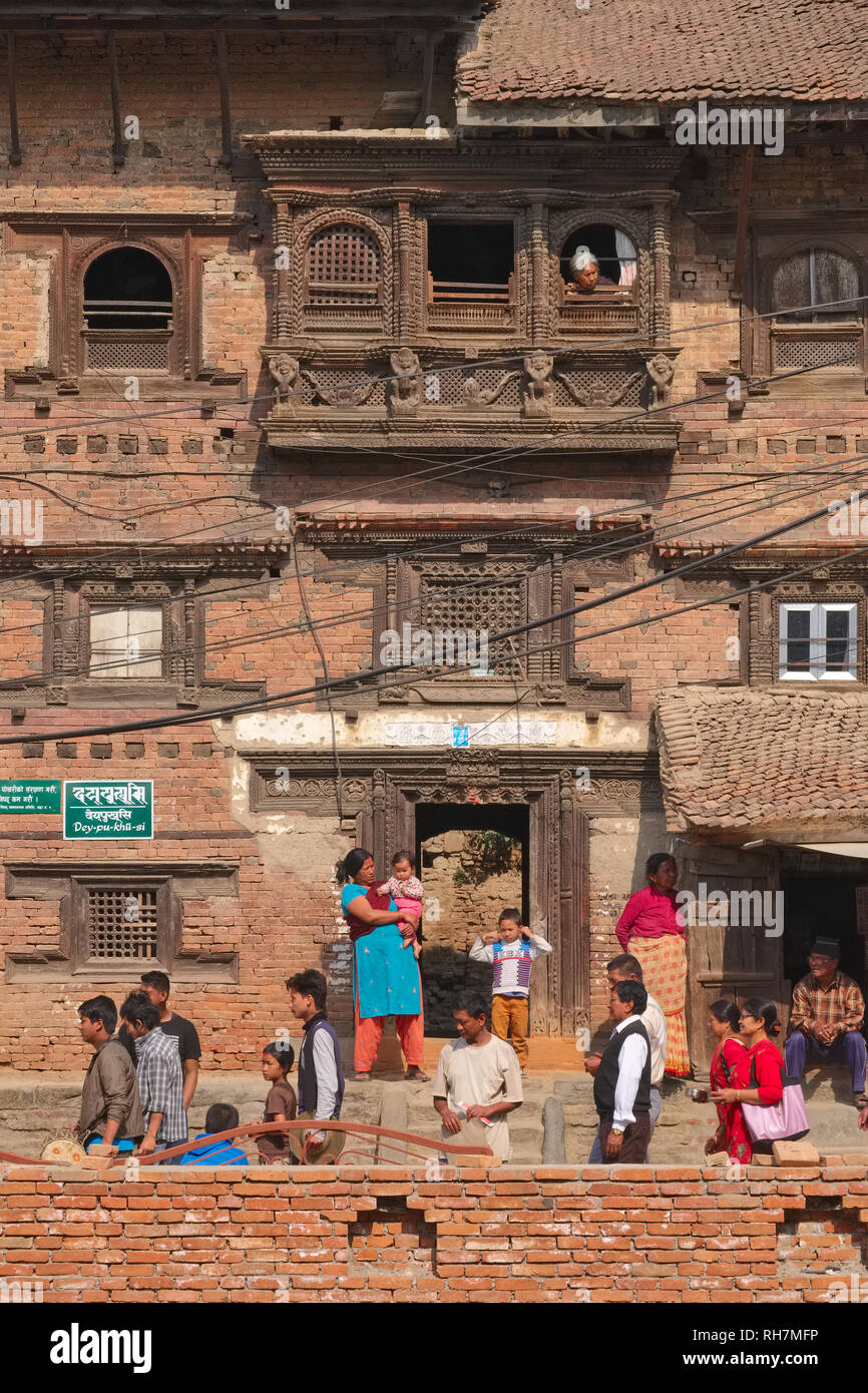A typical-old Newar house and street scene in Kirtipur, near Kathmandu, Kathmandu Valley, Nepal Stock Photo