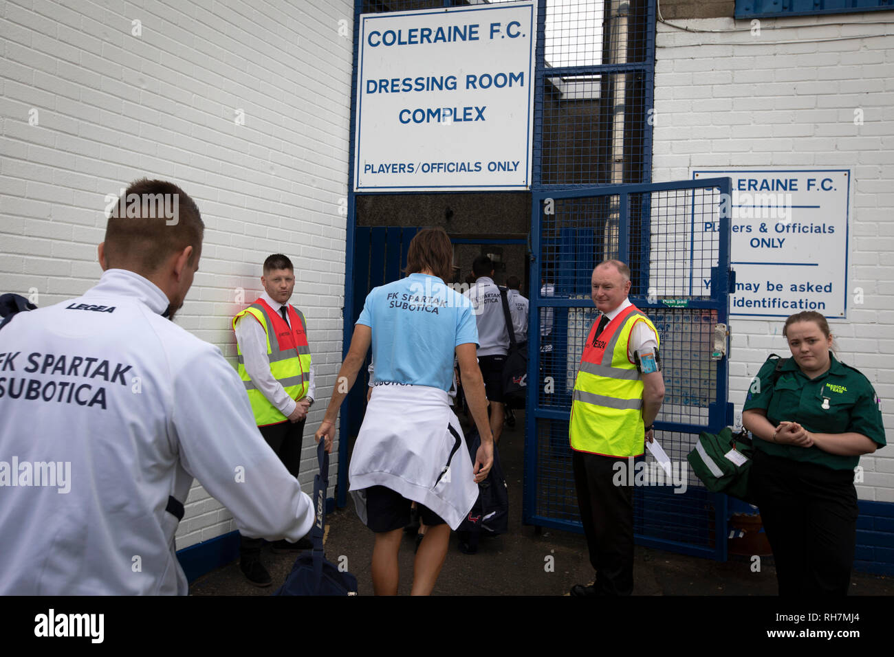 Visiting team players arriving at the ground before Coleraine played Spartak Subotica of Serbia in a Europa League Qualifying First Round second leg at the Showgrounds, Coleraine. The hosts from Northern Ireland had drawn the away leg 1-1 the previous week, however, the visitors won the return leg 2-0 to progress to face Sparta Prague in the next round, watched by a sell-out crowd of 1700. Stock Photo