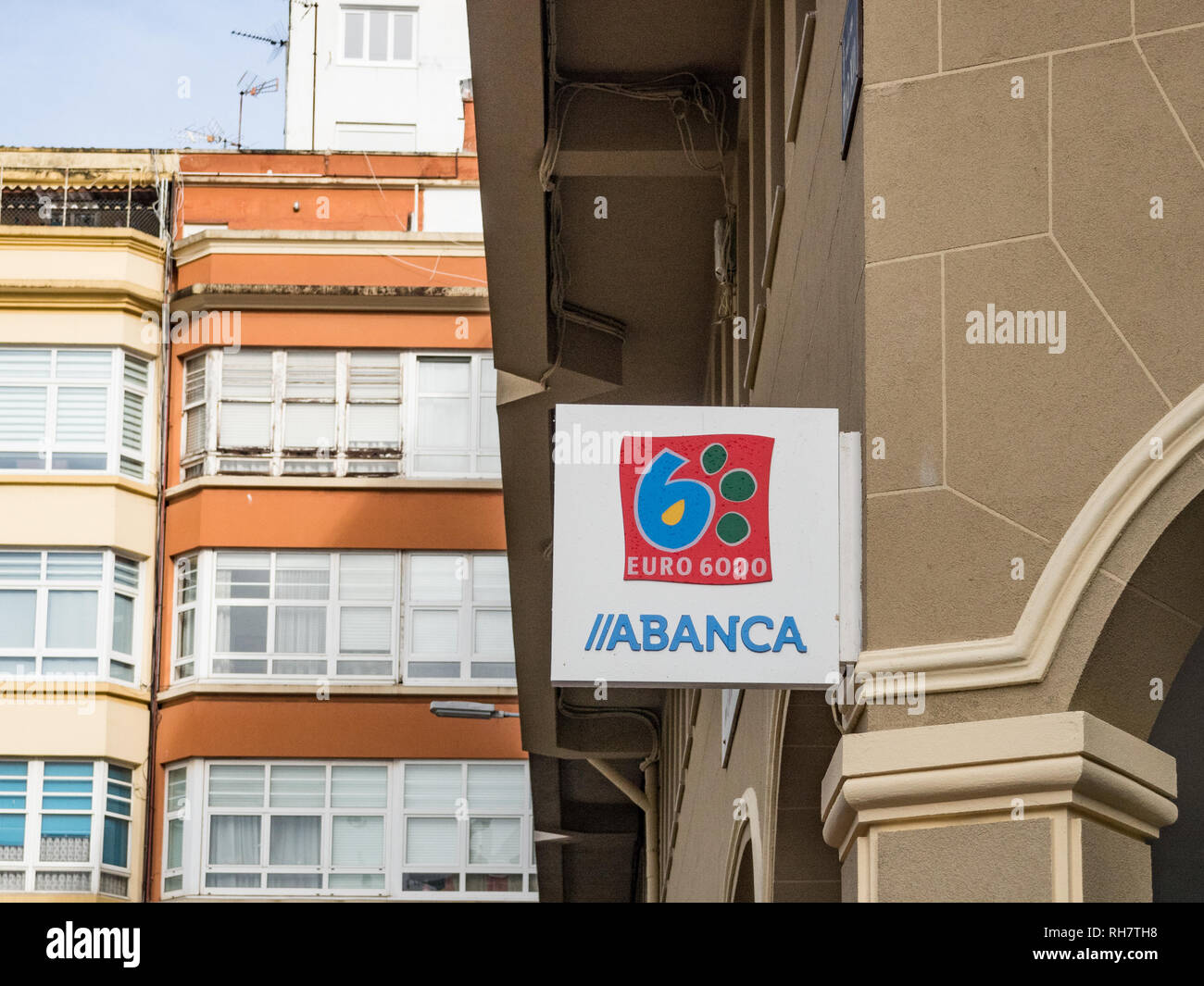 A Coruna, Spain January 29, 2019 - Sign of ATM of  Abanca euro 6000 in A Coruna Stock Photo